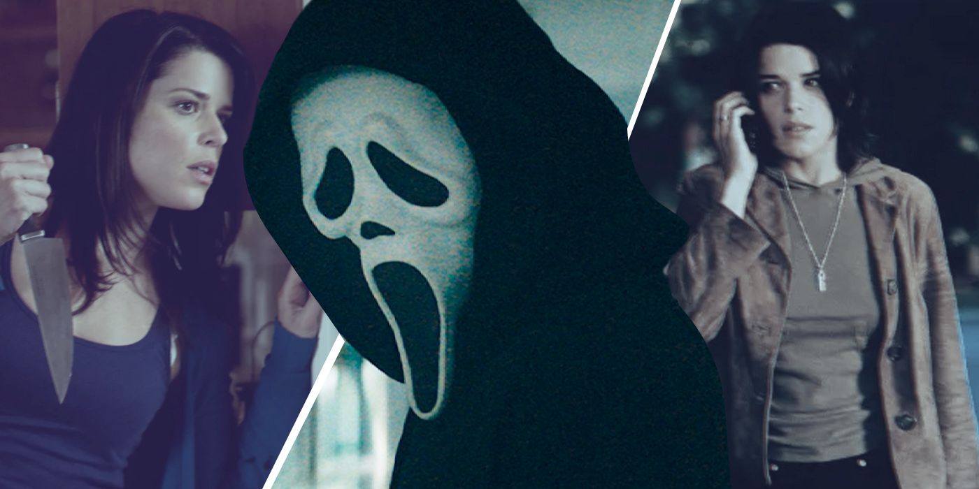 An edited image of Neve Campbell as Sidney Prescott on the phone and holding a knife next to Ghostface in Scream