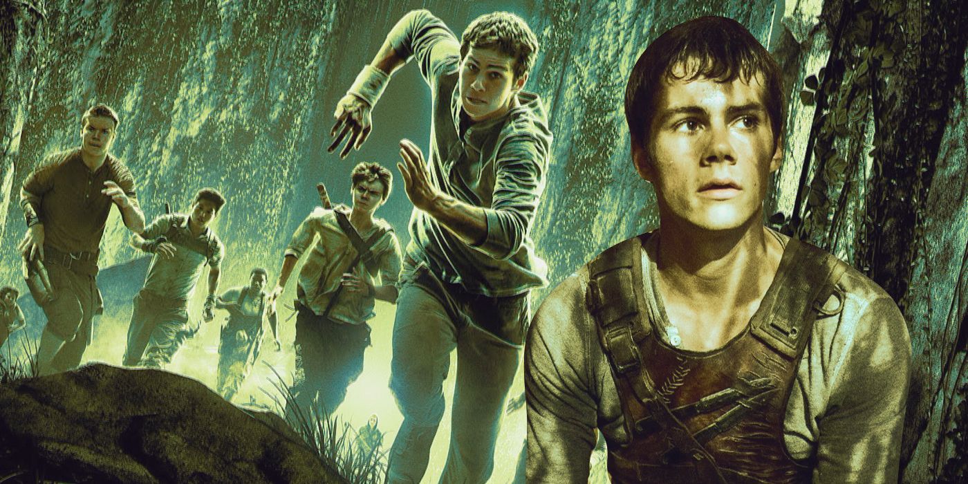 An edited image of Dylan O'Brien as Thomas alongside Thomas Brodie-Sangster and Will Poulter in The Maze Runner