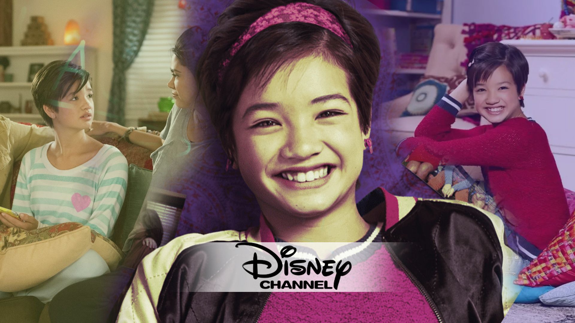 Peyton Elizabeth Lee wearing purple and pink clothes in an edited image of Andi Mack