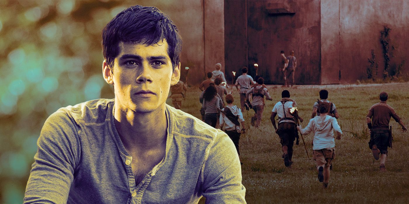 Dylan O'Brien as Thomas in The Maze Runner and the Gladers running into the maze