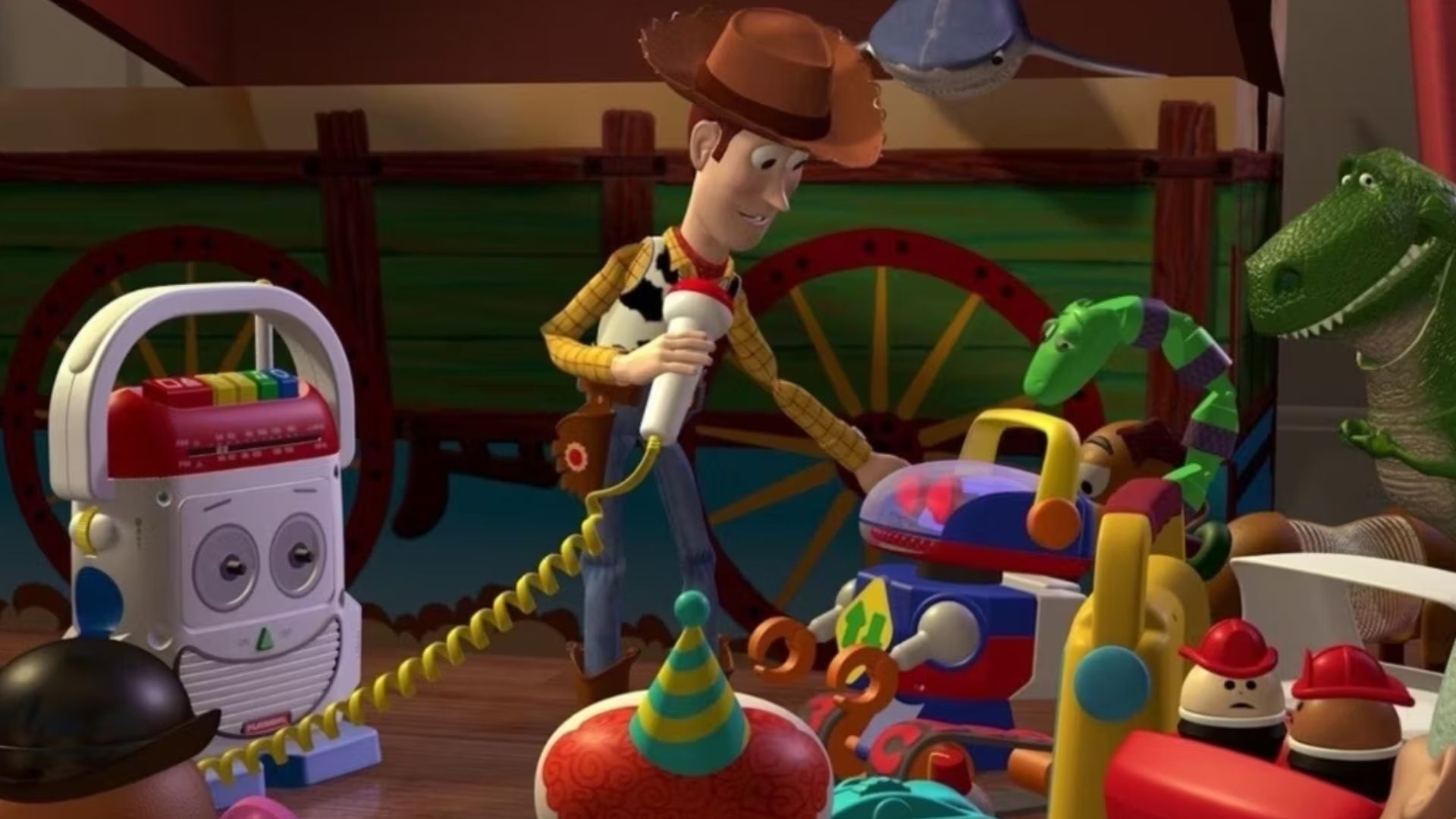 Woody talking to all of the toys in Toy Story