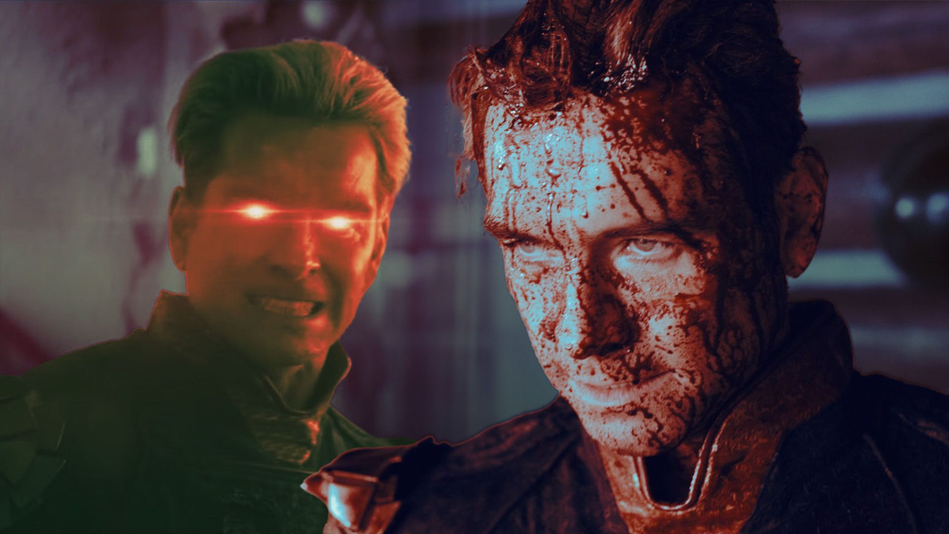 An edited image of Antony Starr as Homelander with laser eyes and blood covering his face in The Boys