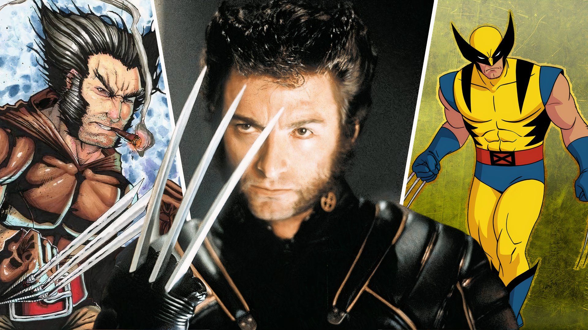 An edited image of Hugh Jackman as Wolverine alongside the comic version of Wolverine and the version from X-Men '97