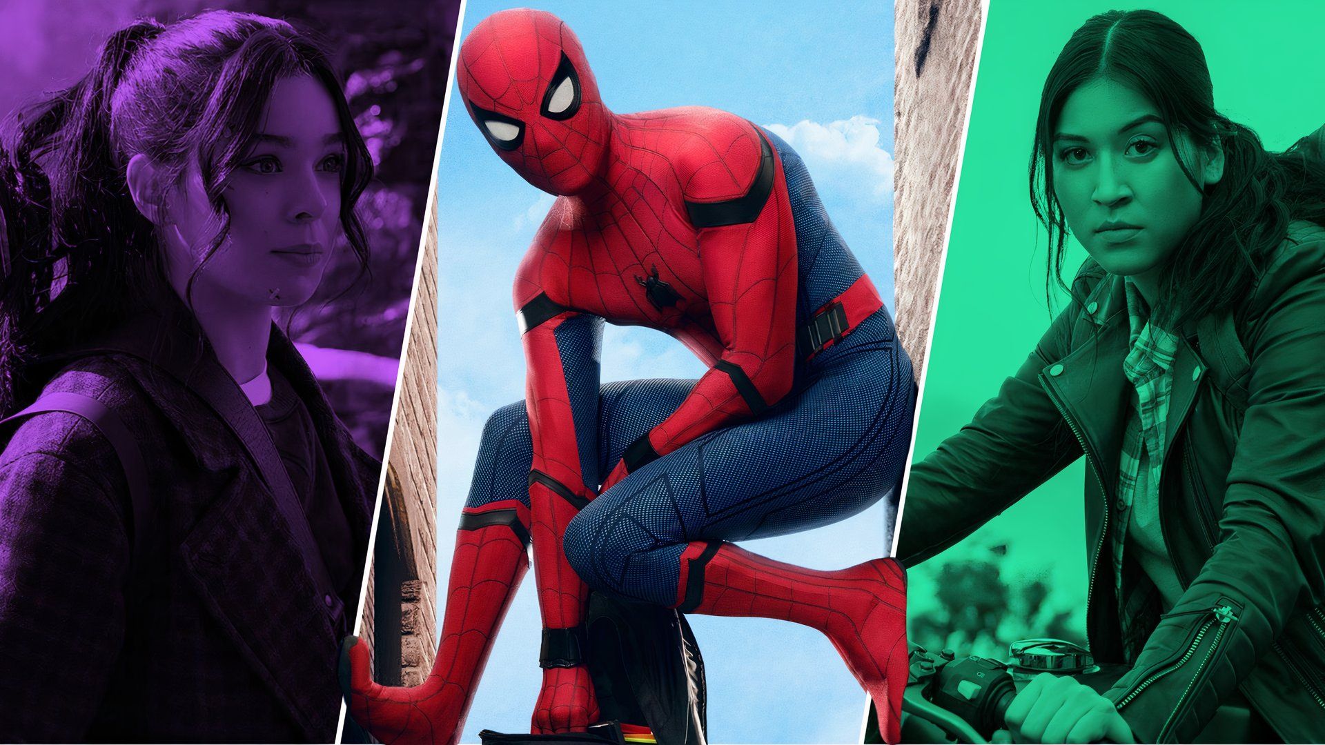 An edited image of three Marvel characters including Spider-Man, Kate Bishop, and Echo