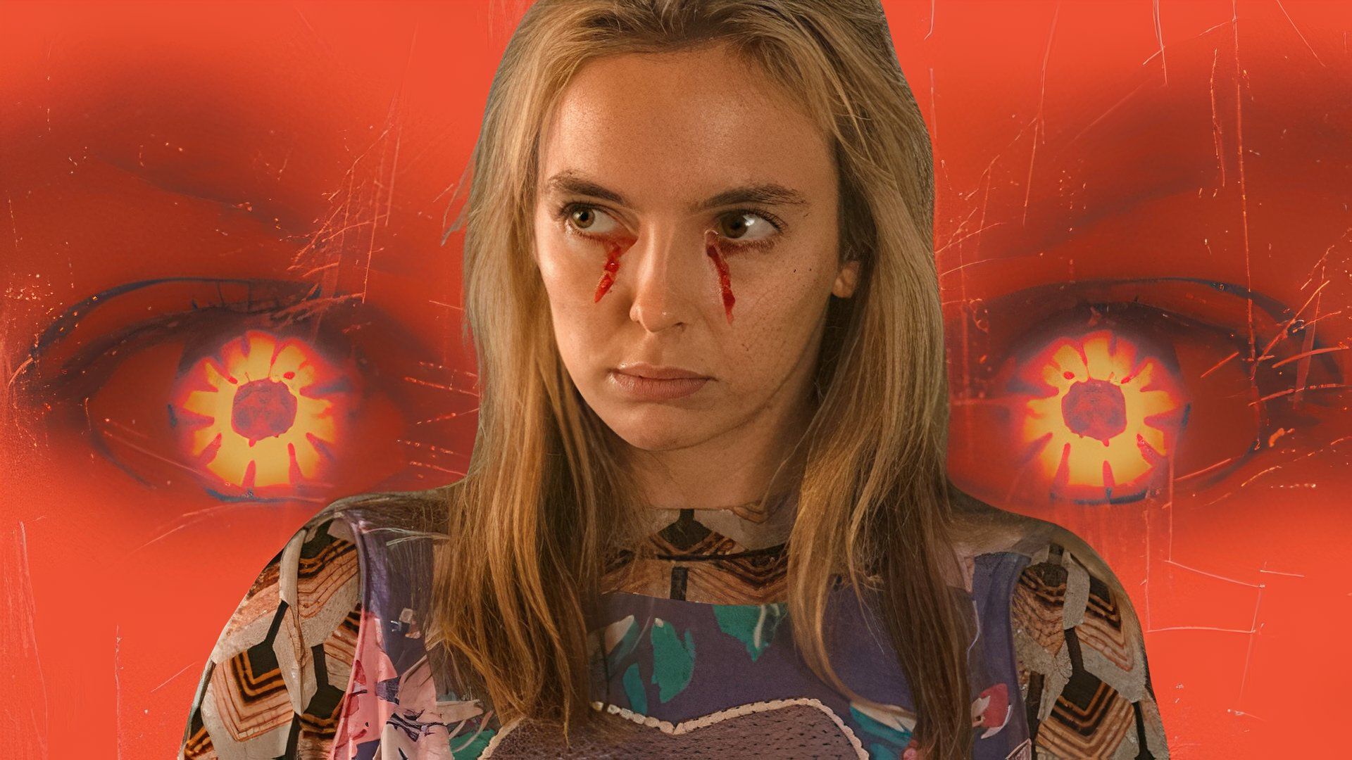 Jodie Comer with blood in her eyes atop the eyes from 28 Days Later.