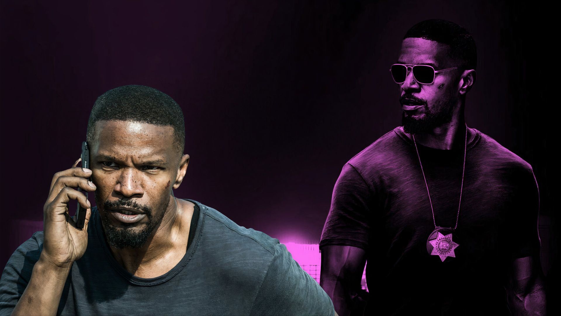 An edited image of Jamie Foxx on the phone and wearing a sheriff badge in Sleepless