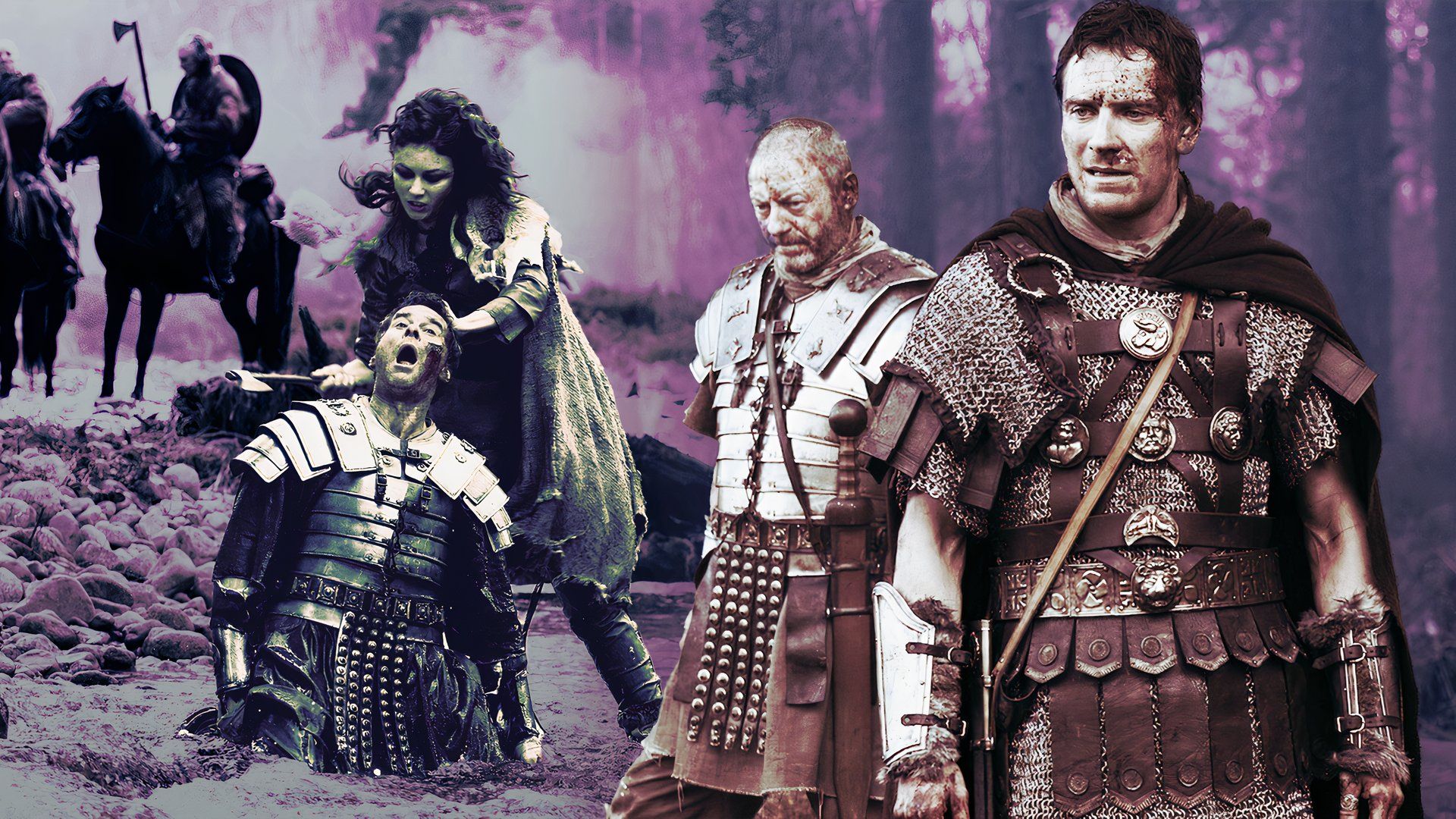 An edited image of Michael Fassbender and Liam Cunningham in armor in the woods in Centurion