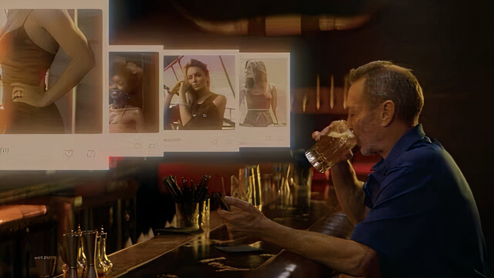 A man at a bar drinking beer looking at photos of women in Ashley Madison Sex, Lies, & Scandal