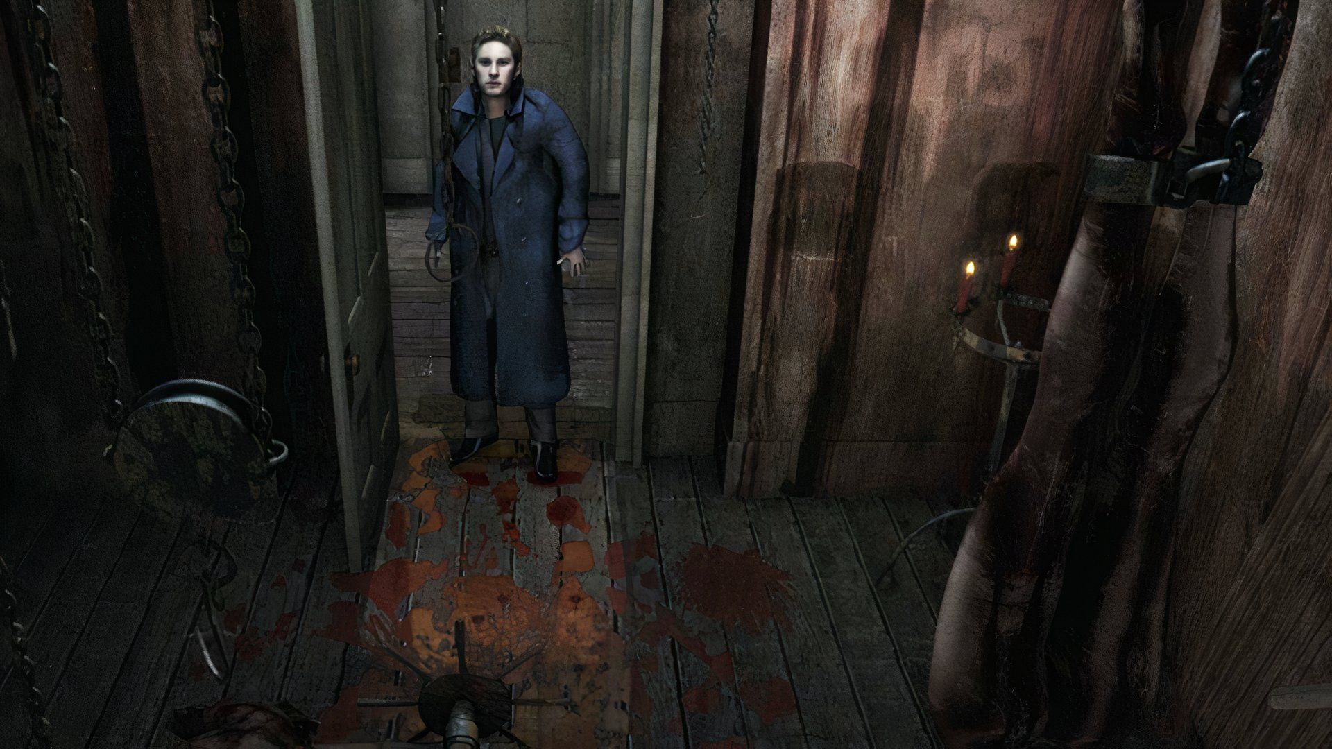 A screenshot of the video game within Stay Alive with a man wearing a trench coat looking at a torture chamber