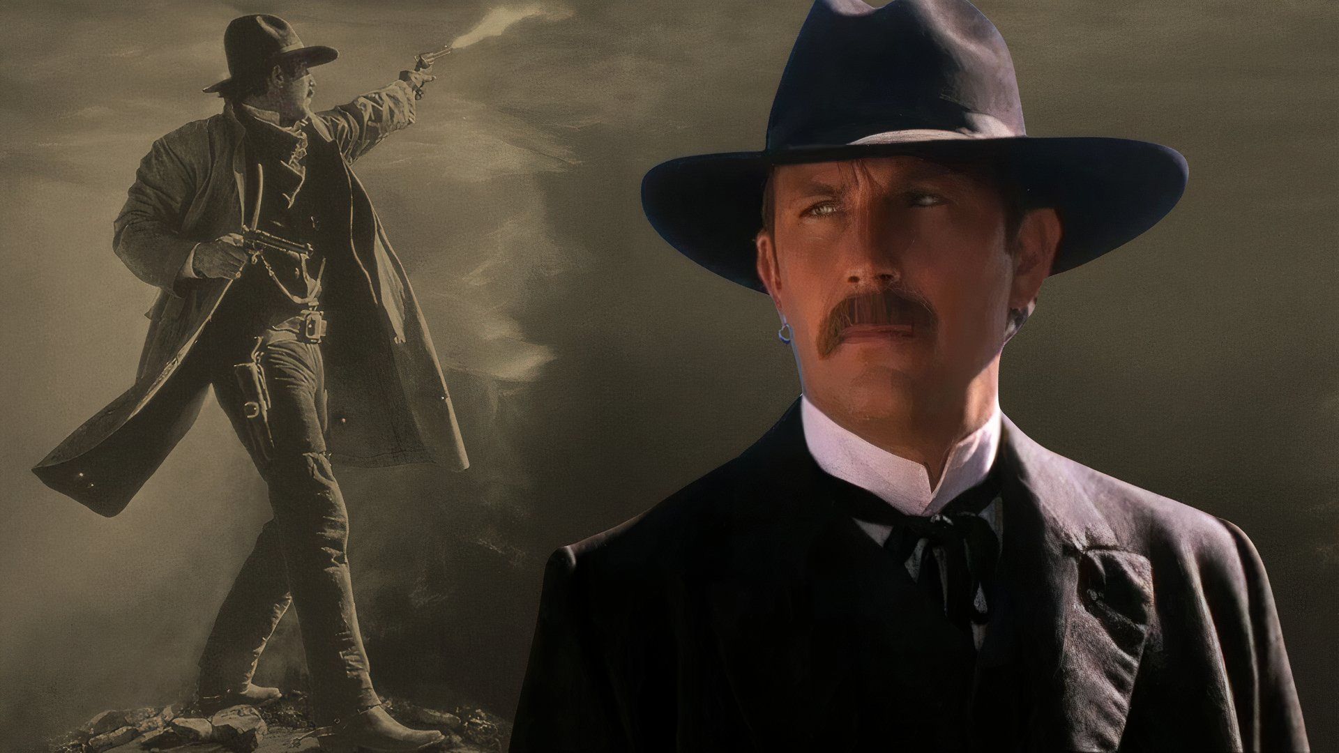 An edited image of Kevin Costner as Wyatt Earp wearing a black hat and black jacket shooting a gun in Wyatt Earp
