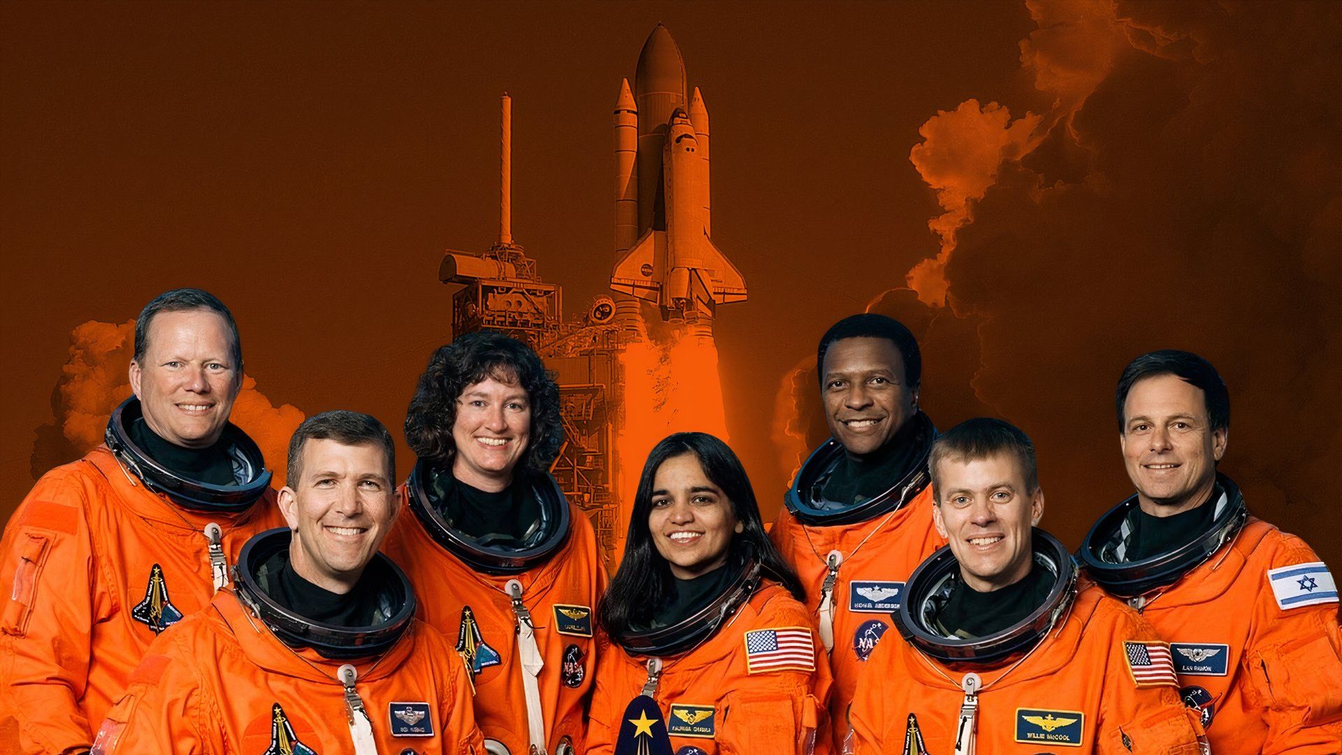 A group of astronauts wearing space suits with a shuttle taking off behind them in an edit of Columbia: The Final Flight