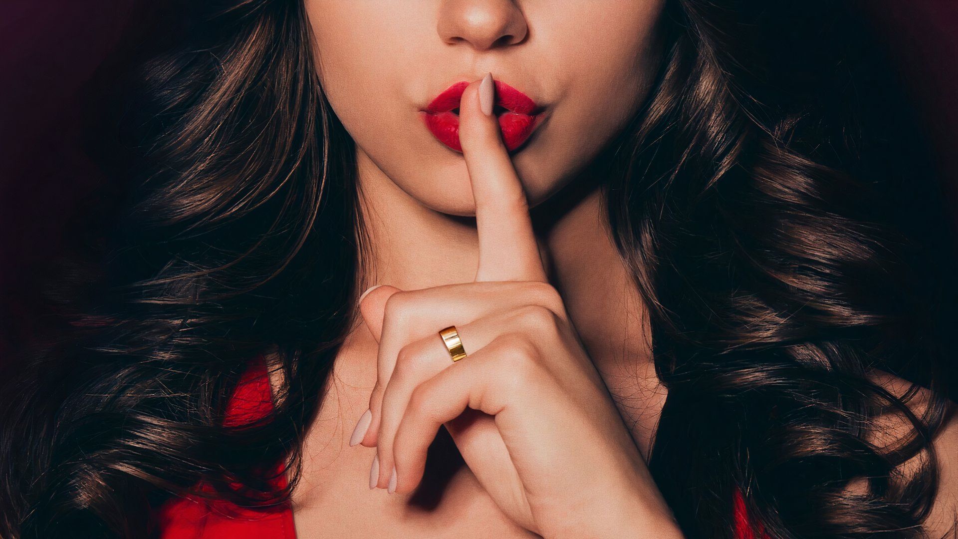 A woman with red lipstick, wearing a red dress in Ashley Madison Sex, Lies, & Scandal