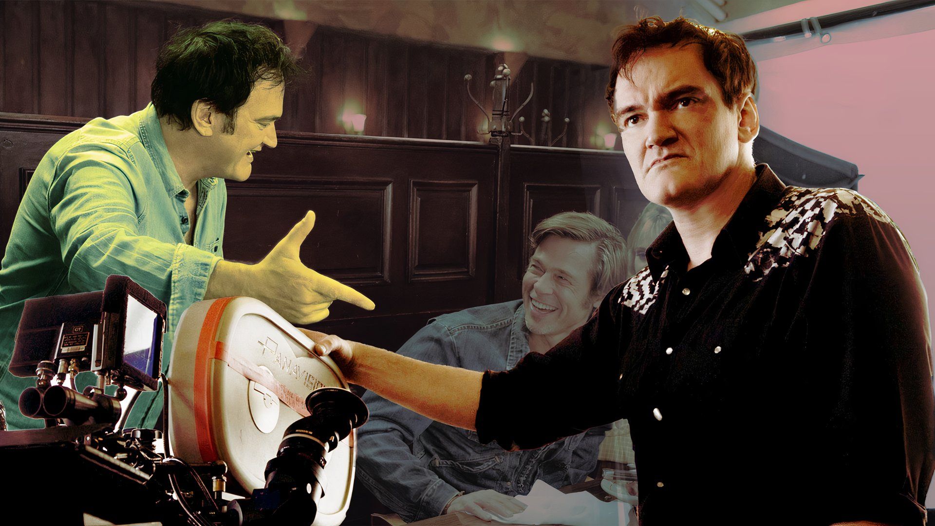 An edited image of Quentin Tarantino talking with Brad Pitt and filming a movie 