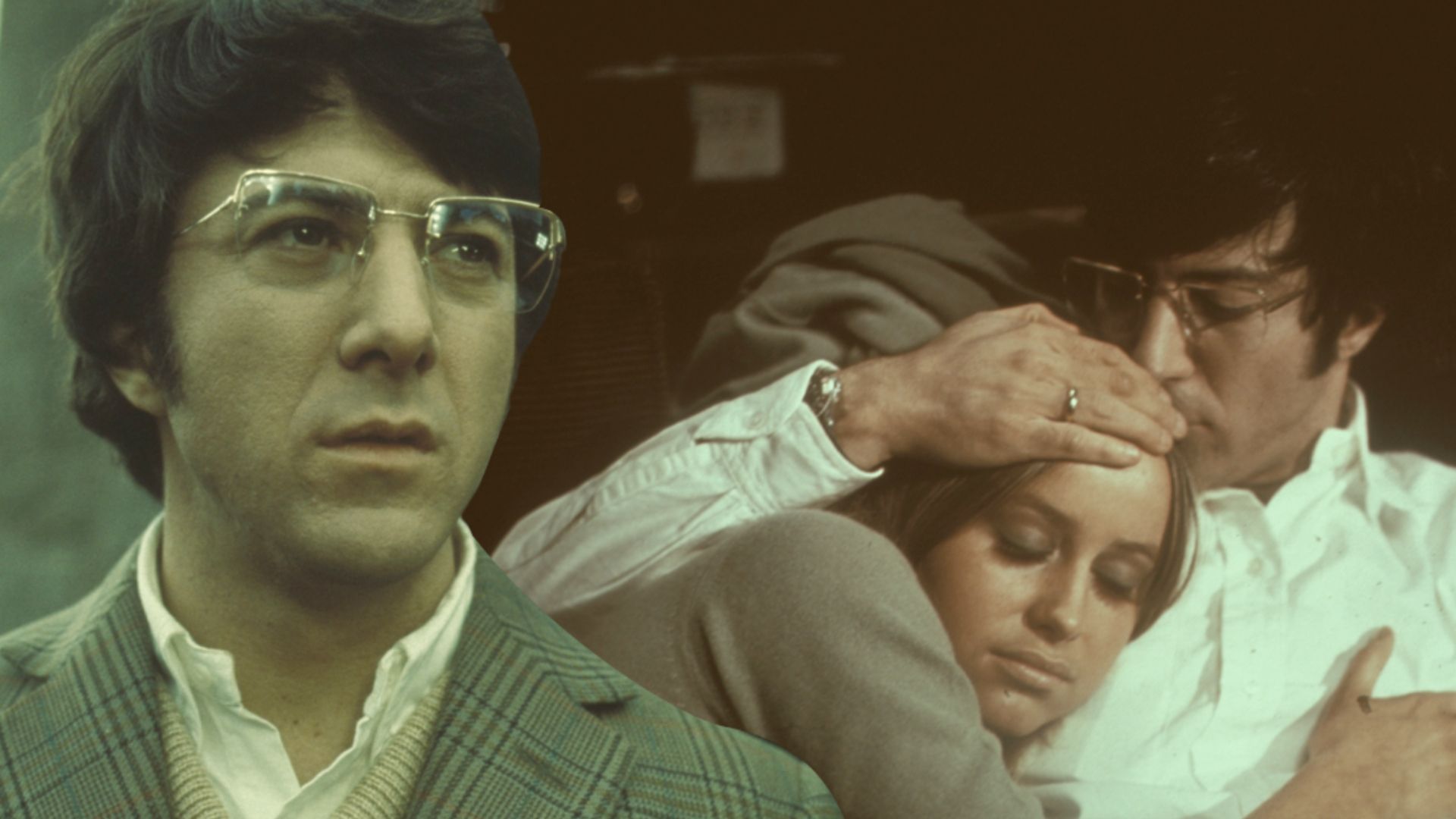 An edited image of Dustin Hoffman wearing a white collared shirt with glasses in Straw Dogs