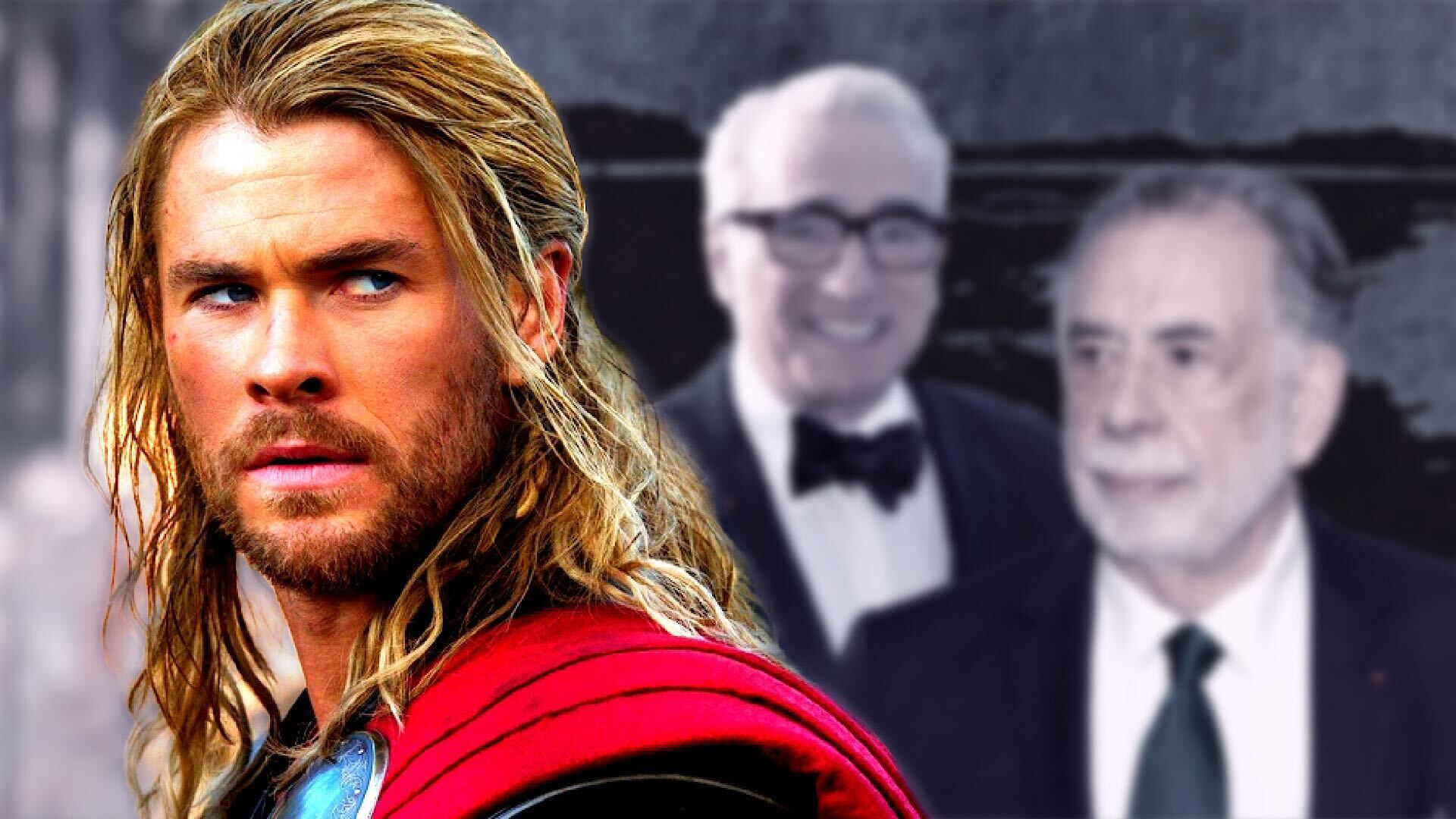 Angry Chris Hemsworth as Thor with Scorsese and Ford Coppola in the background
