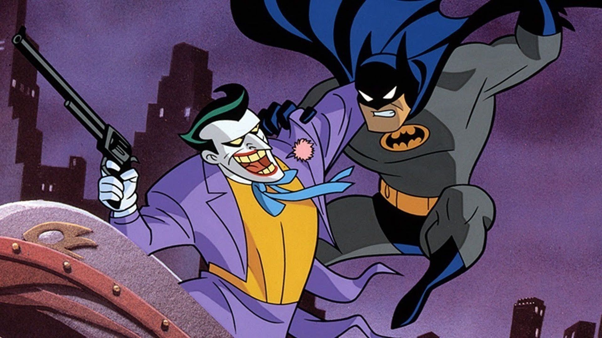 Batman and the Joker fighting.