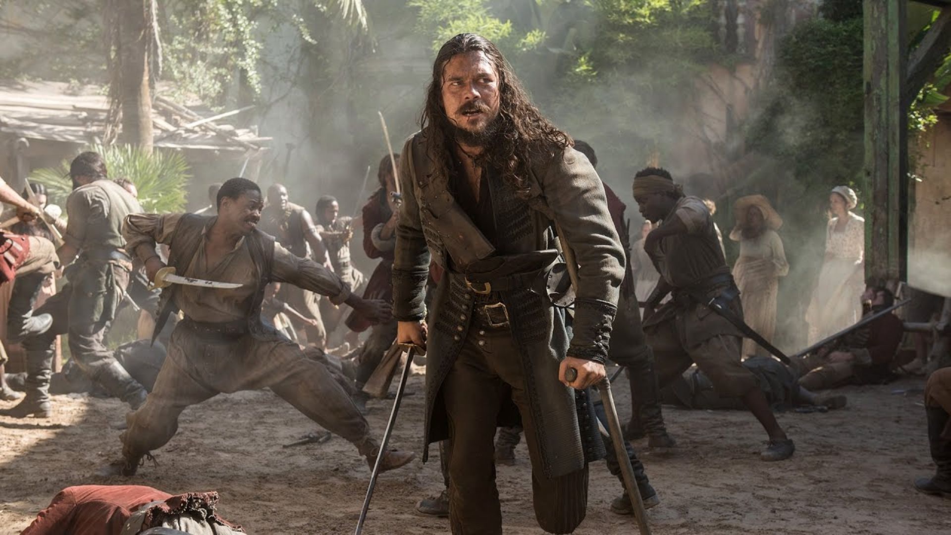Silver holds a sword in battle in Black Sails