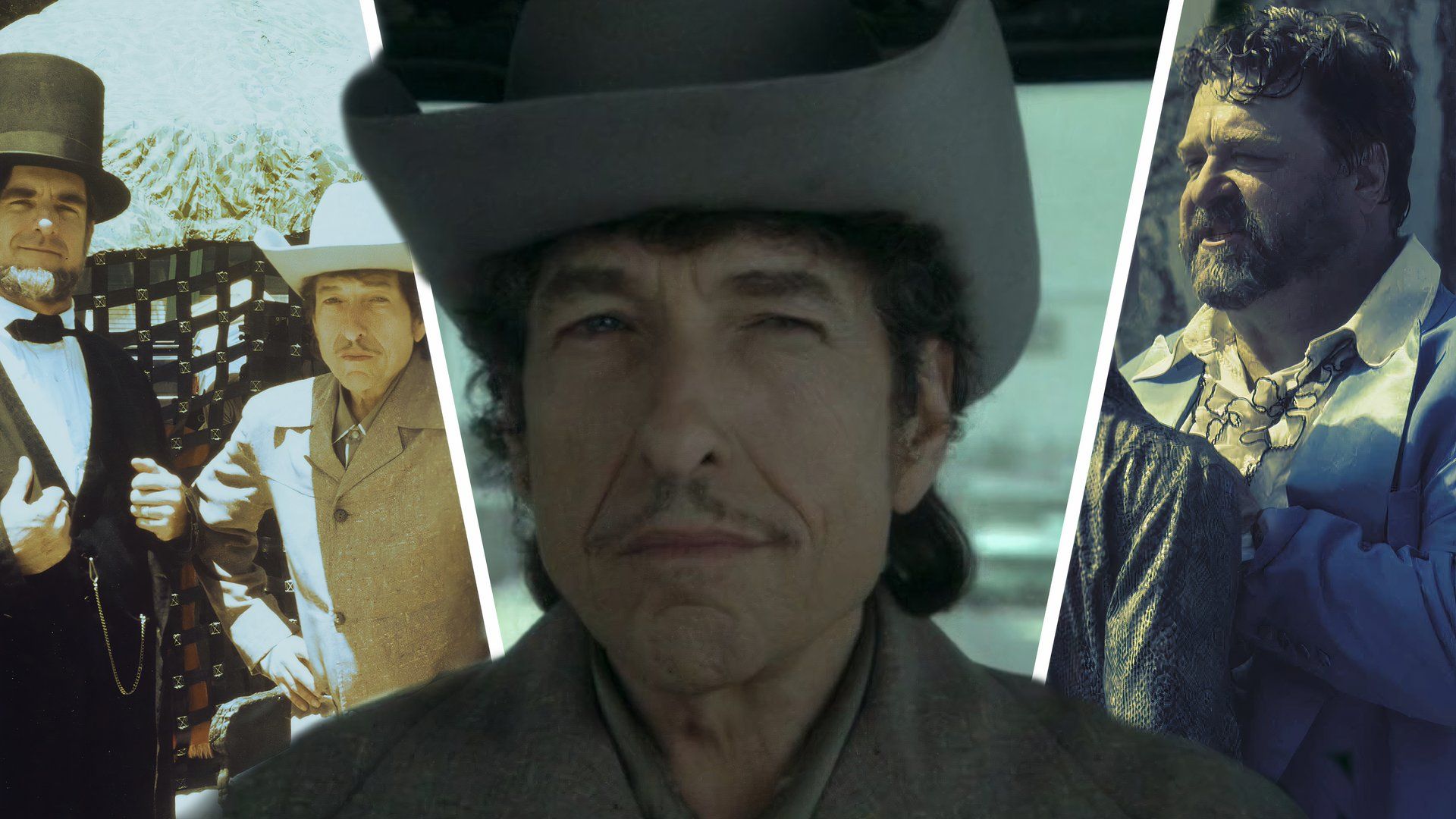 An edit of Bob Dylan wearing a cowboy hat alongside John Goodman in Masked and Anonymous