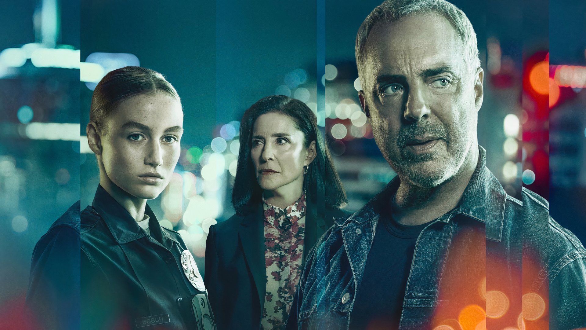 Titus Welliver, Madison Lintz, and Mimi Rogers in Bosch: Legacy looking out off-screen