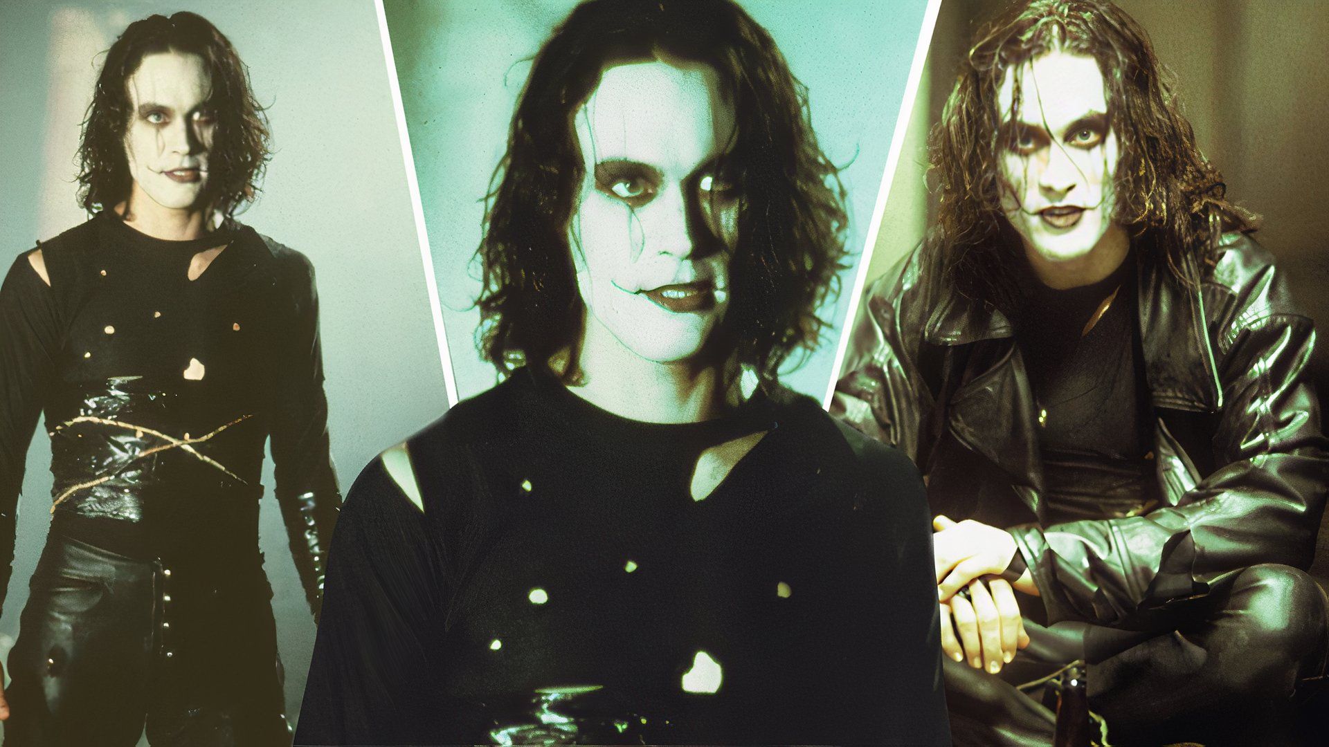 An edited image of Brandon Lee wearing a black leather jacket and black shirt in The Crow