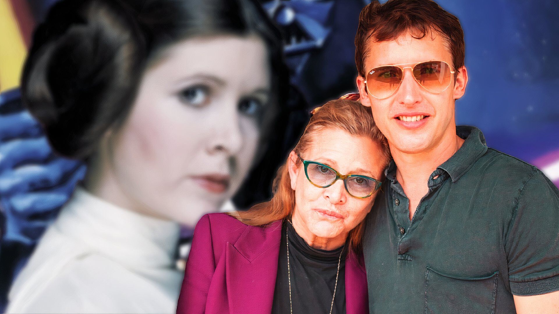 Carrie Fisher and James Blunt with Princess Leia behind