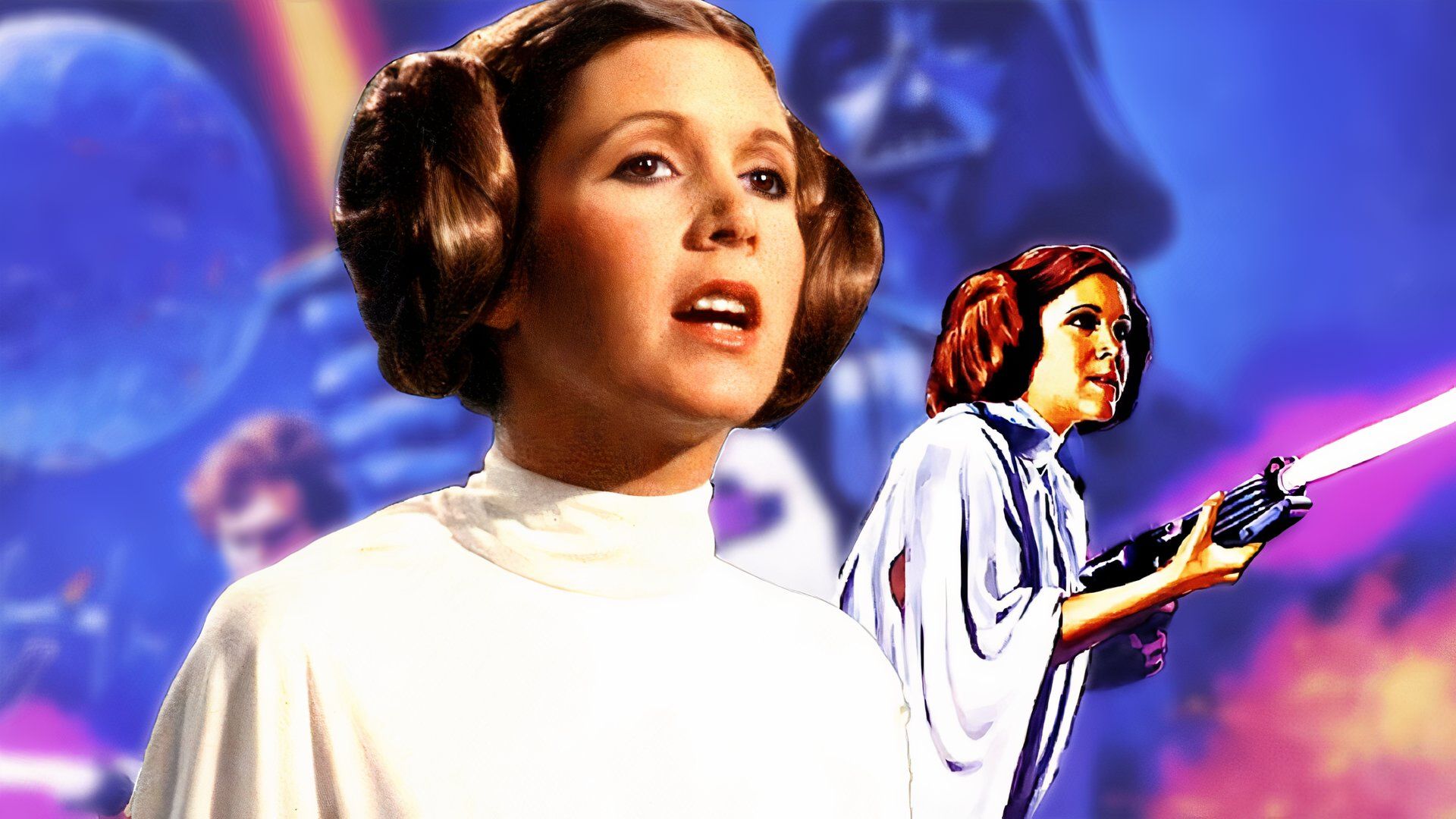 Carrie Fisher as Princess Leia with Star Wars poster