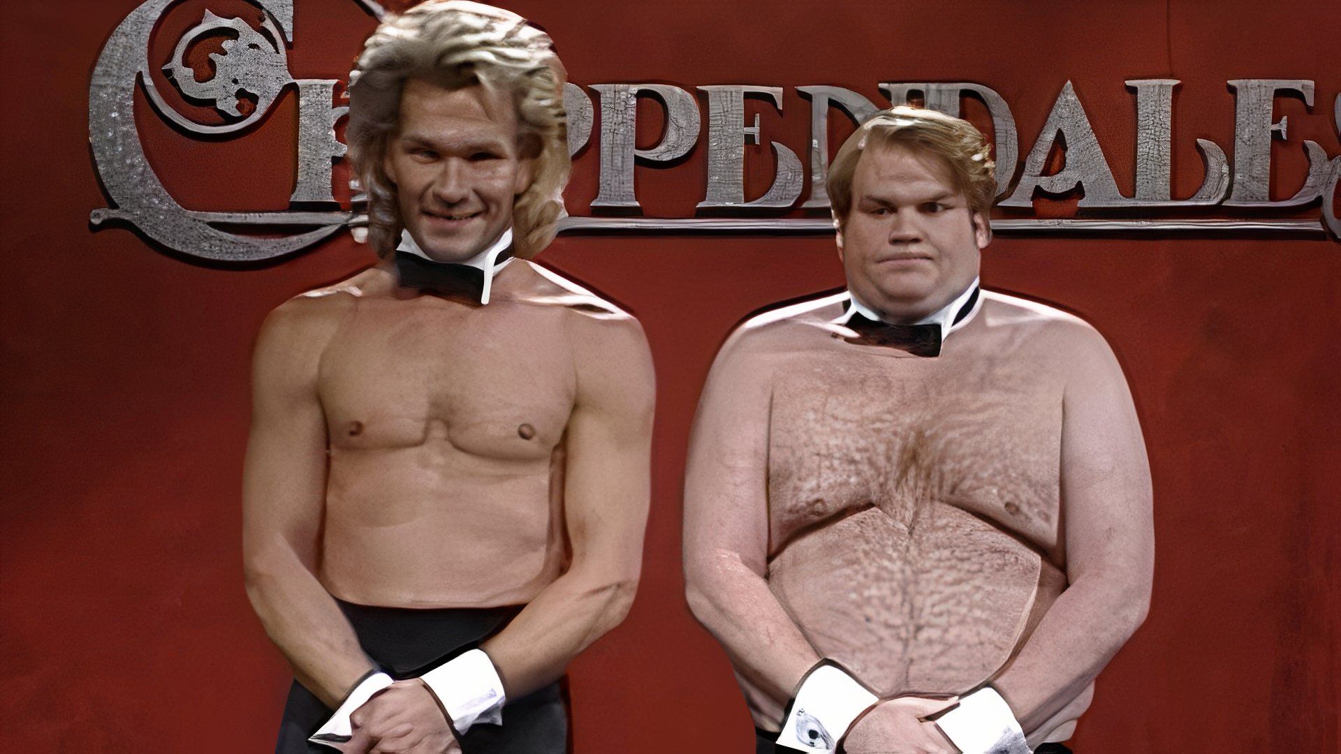 patrick swayze and chris farley in the sketch chippendale's audition of saturday Night Live