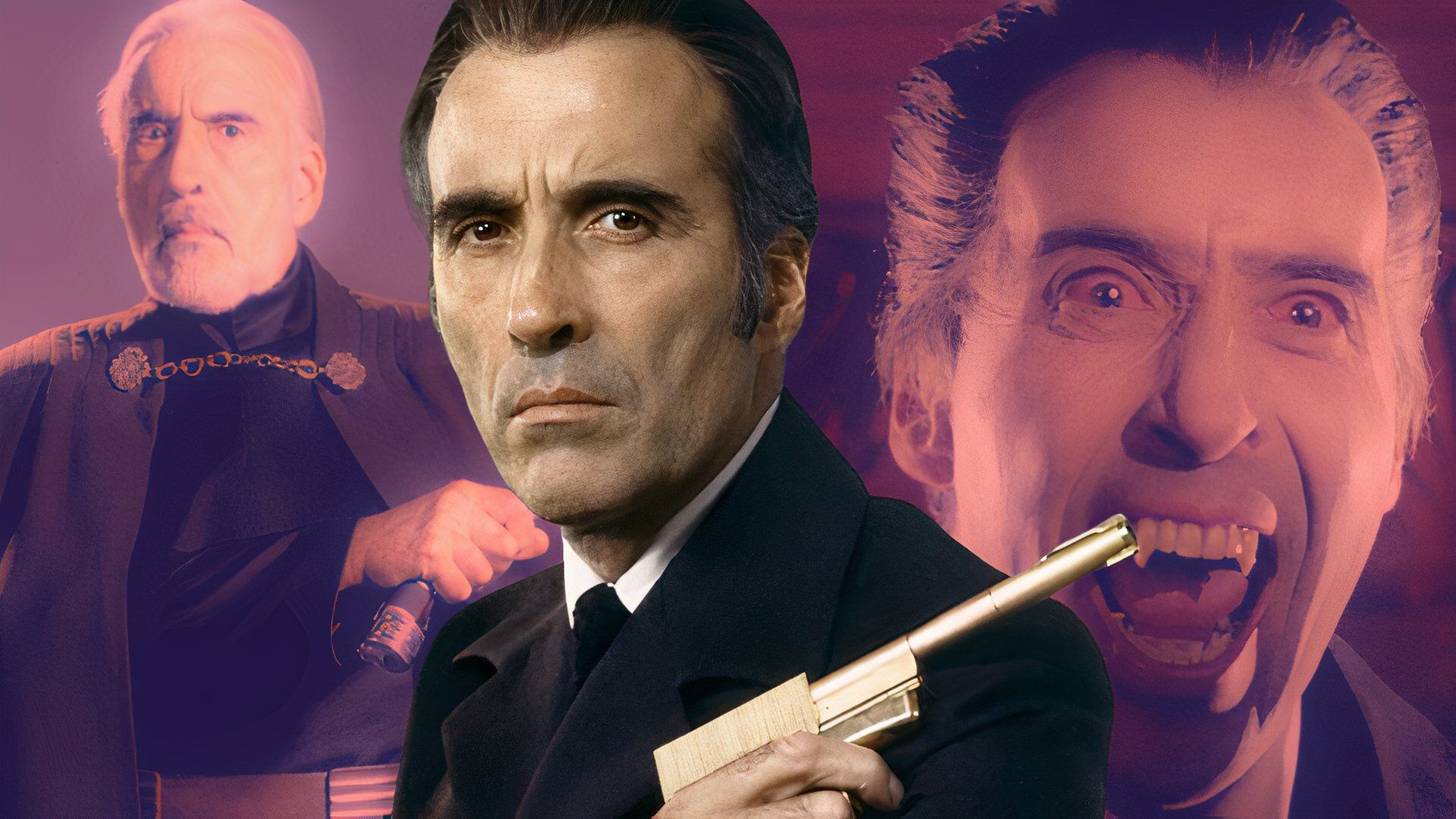 Christopher Lee with the Golden Gun in James Bond alongside Star Wars and Dracula.