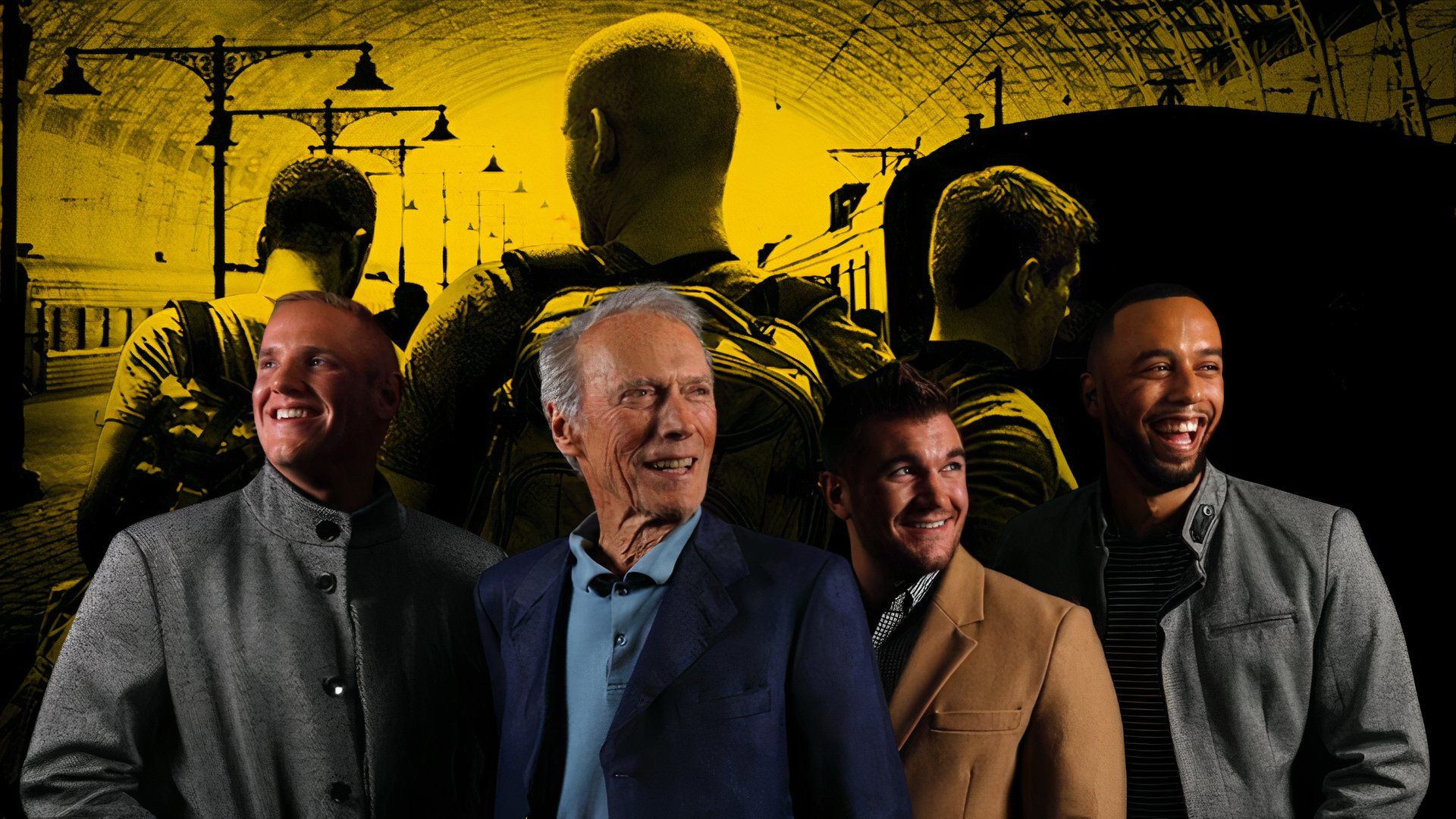 An edited image of Clint Eastwood alongside Spencer Stone, Anthony Sadler, and Alek Skarlatos in the 15:17 to Paris