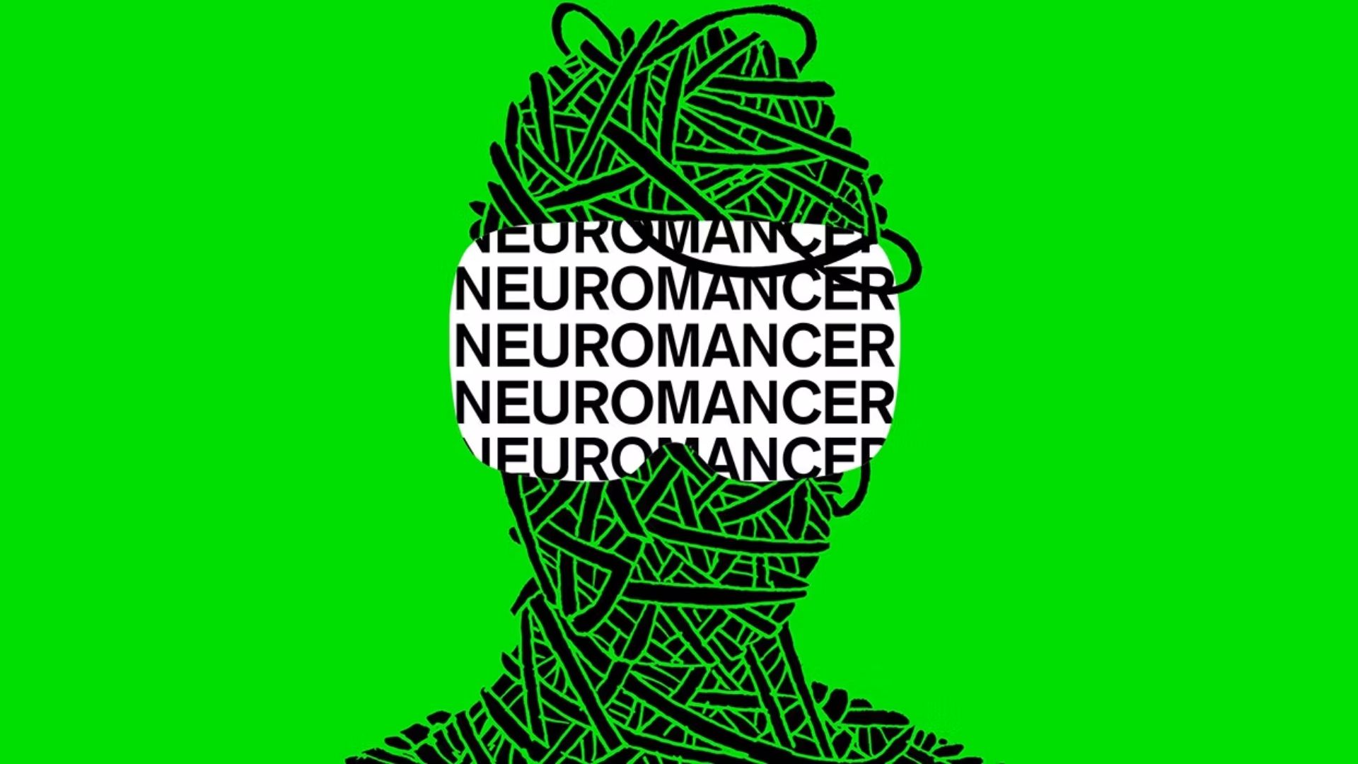 Close up of book cover of Neuromancer by William Gibson featuring a green background and the title in the center of a face