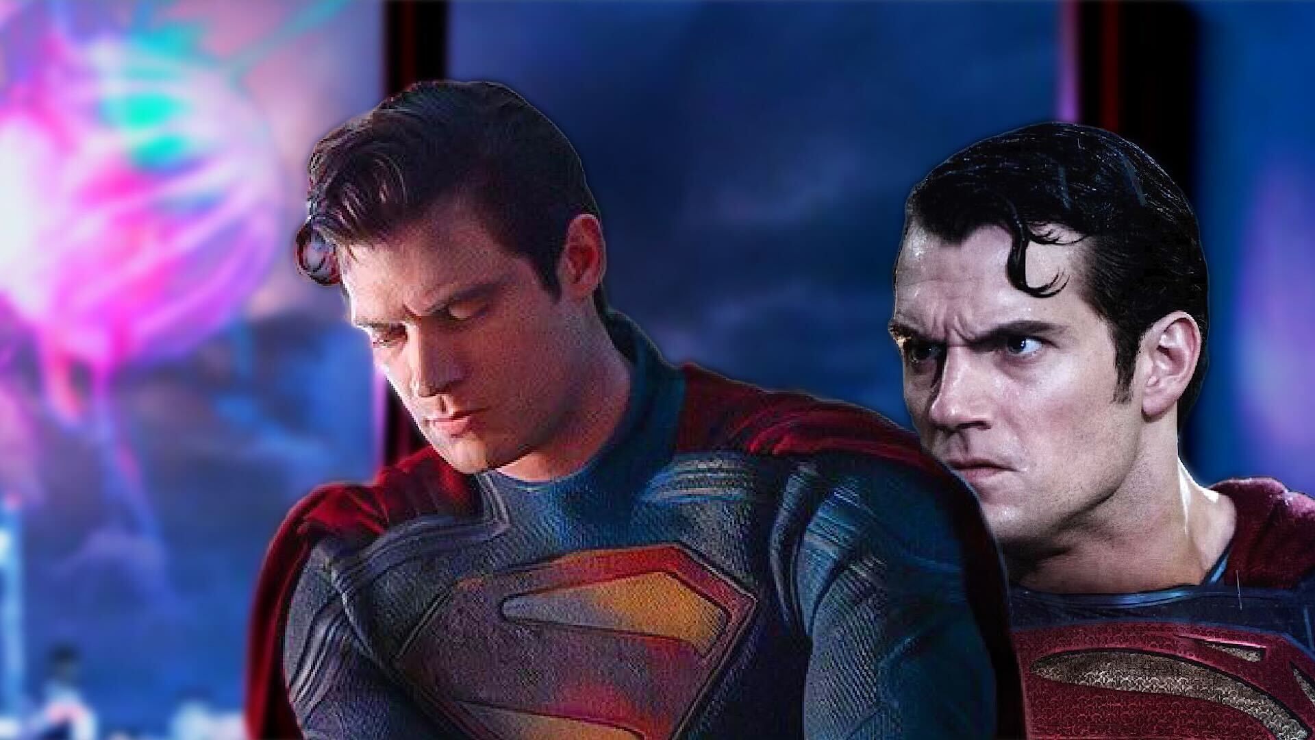 Composite of angry Henry Cavill and David Corenswet as Superman