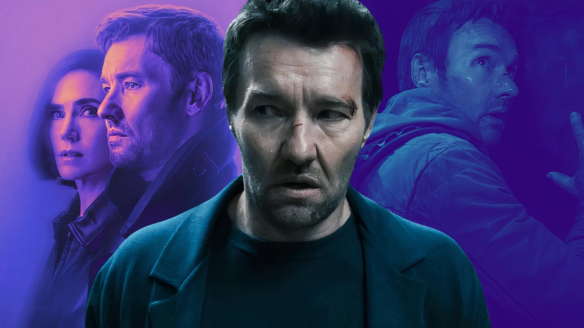 Joel Edgerton with cuts on his face next to Jennifer Connelly in an edited image from Dark Matter