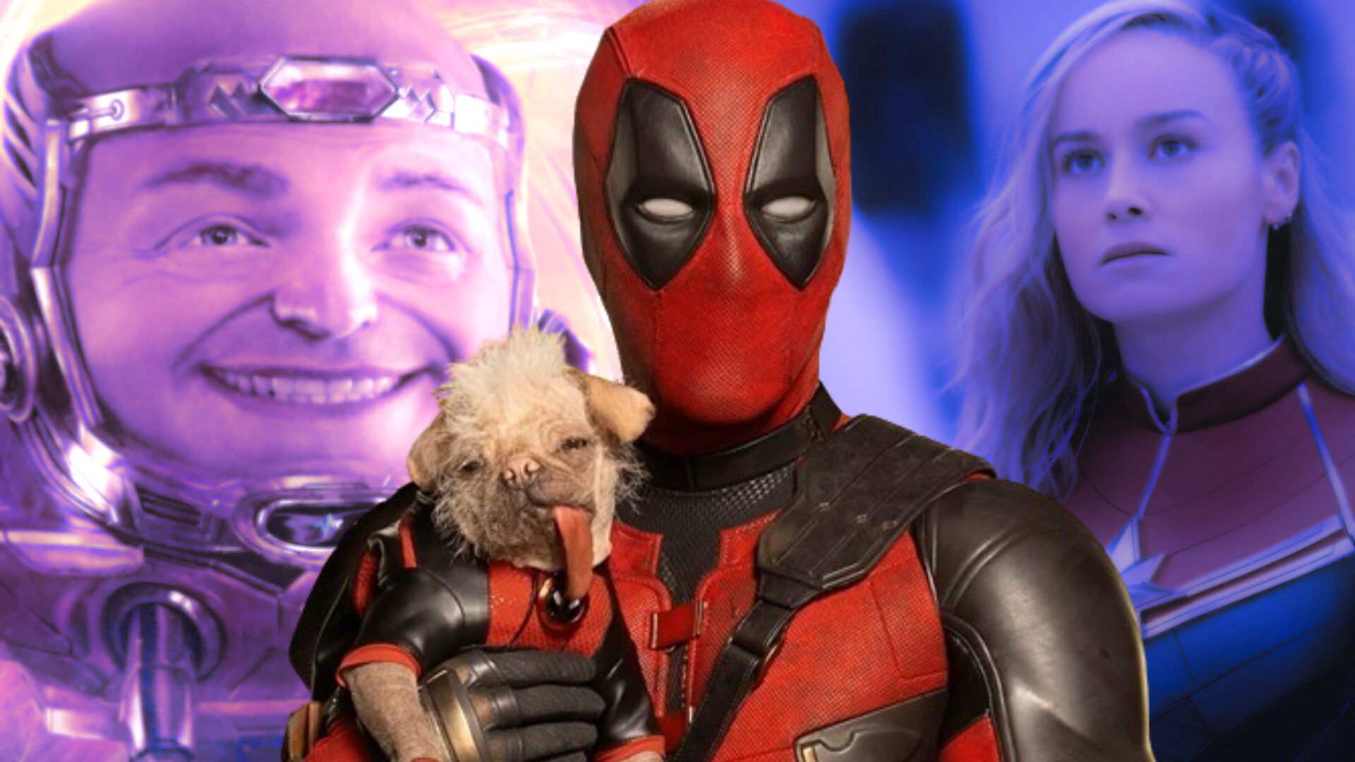 Deadpool and Dogpool in front of  M.O.D.O.K. and Captain Marvel.