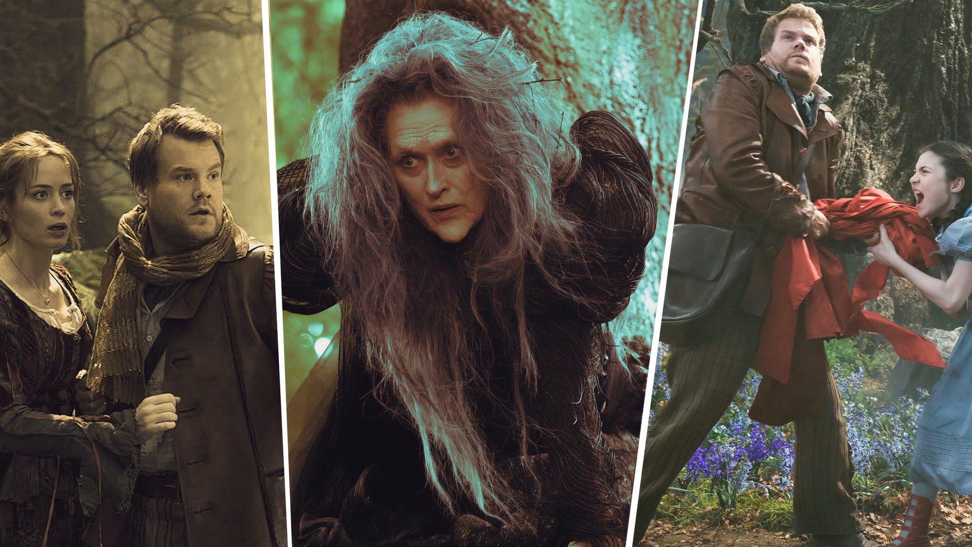 An edited image of Meryl Streep, James Corden, and Emily Blunt in Into the Woods