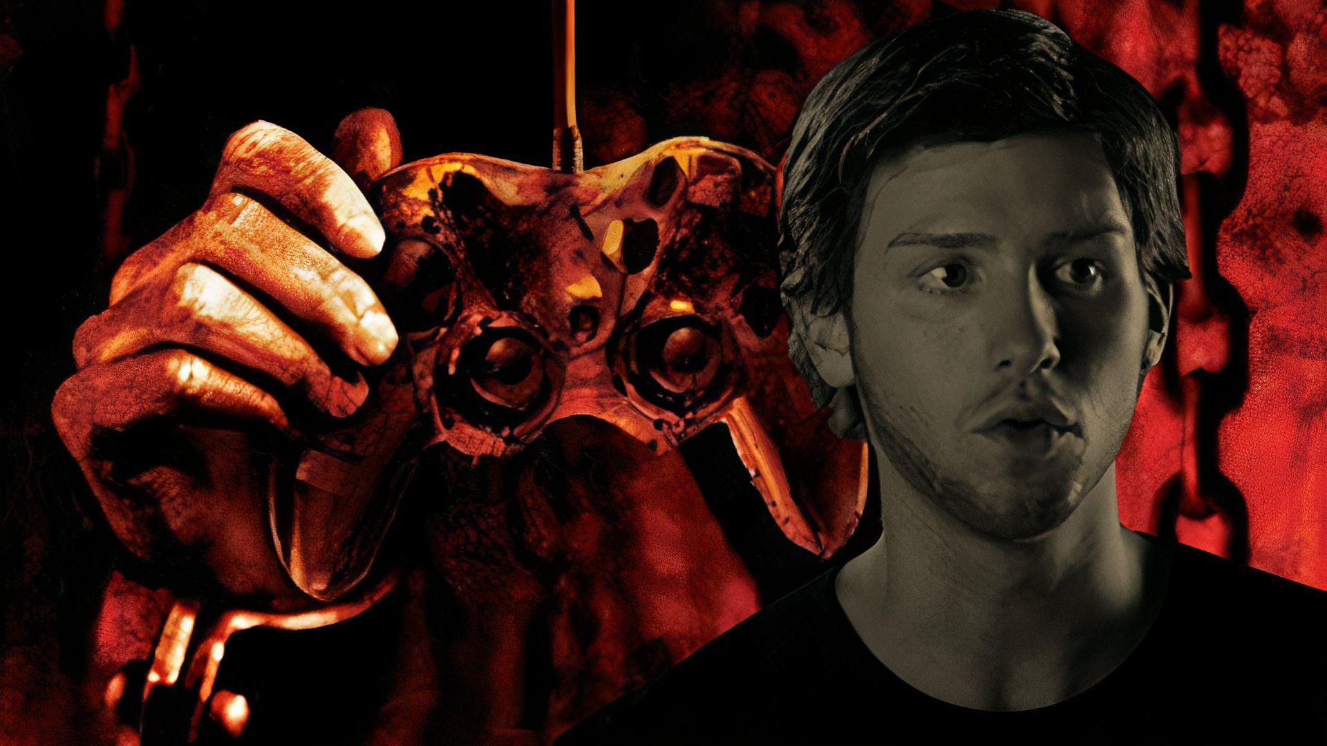 Jon Foster as Hutch with a video game controller behind him in Stay Alive