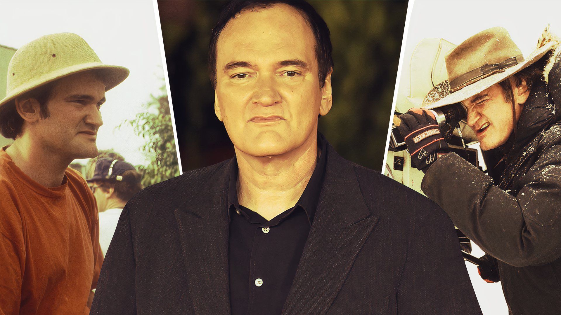 An edited image of Quentin Tarantino wearing a black suit and shirt, filming various movies behind the camera