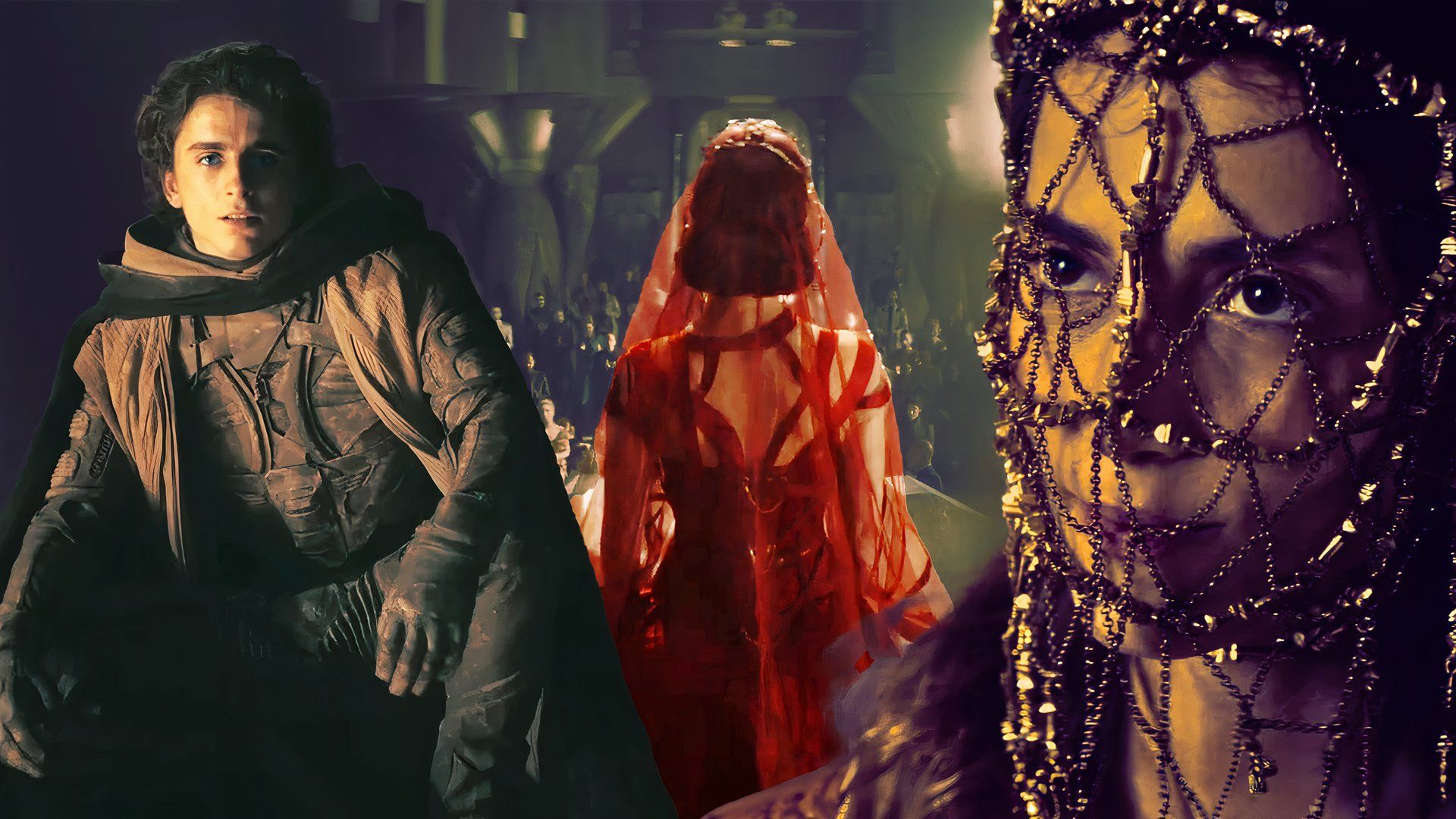 Tabu with jewelry covering her face alongside Timothee Chalamet as Paul Atreides in Dune: Part Two
