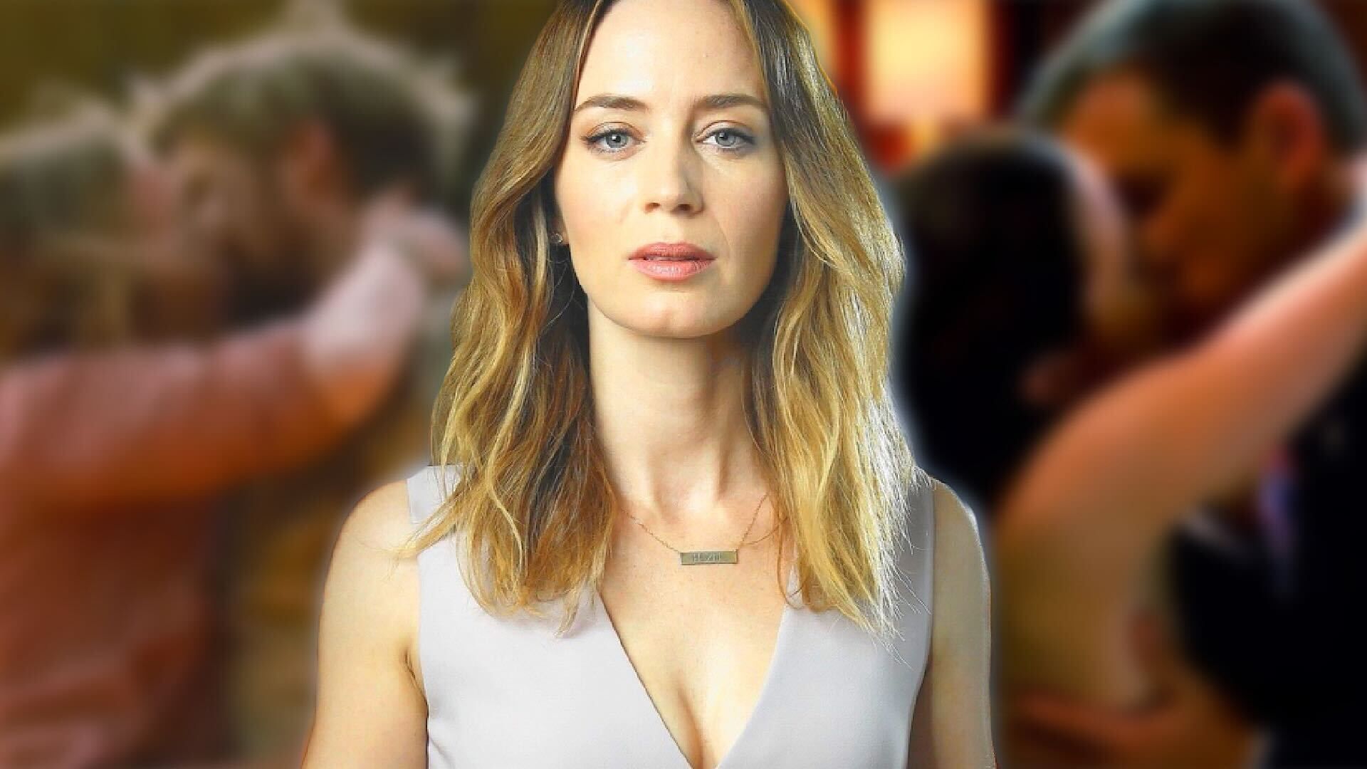 Emily Blunt with two kissing scenes from her movies in the background