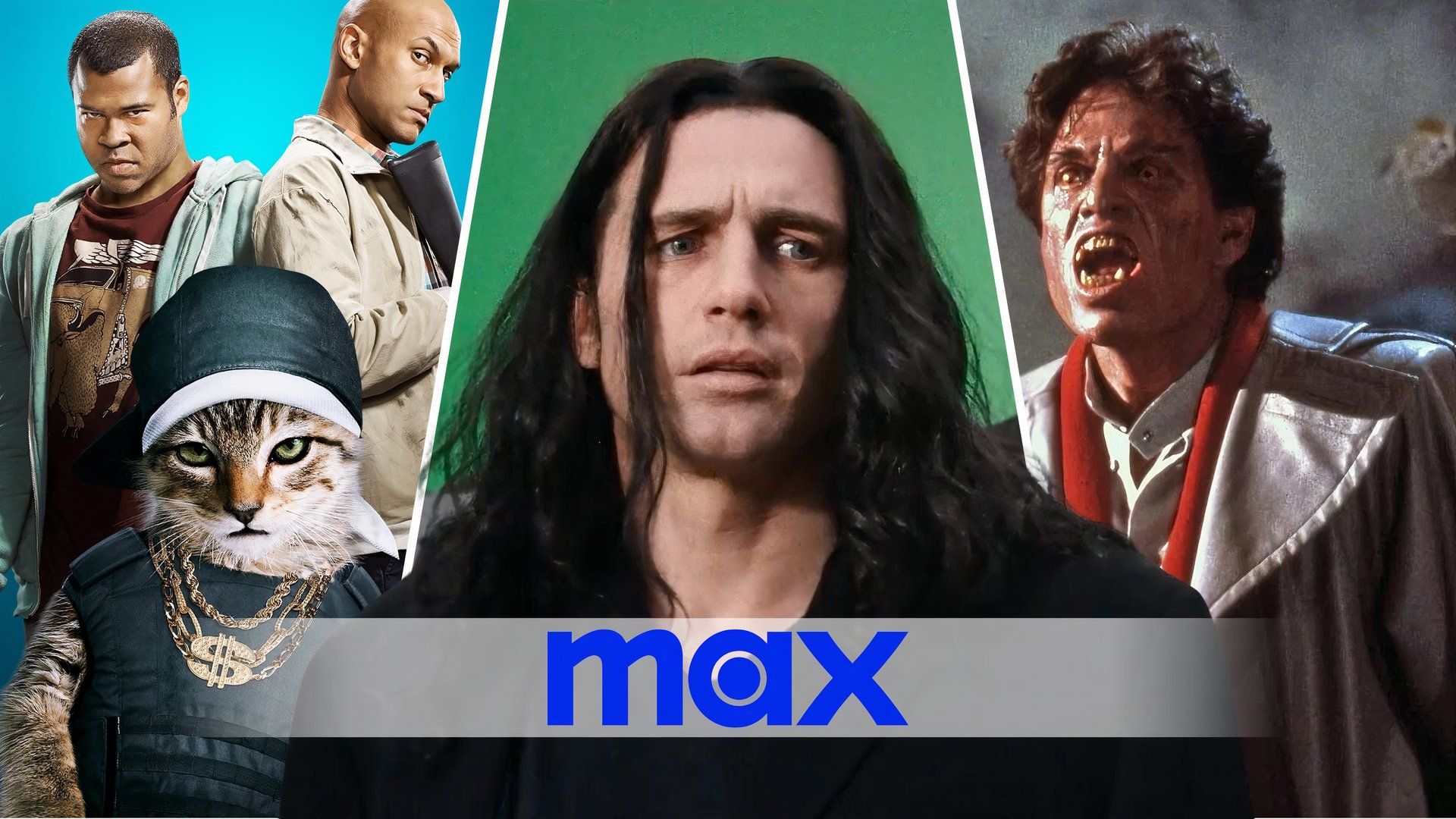 An edited image of three movies with the Max logo including The Disaster Artist, Fright Night, and Keanu