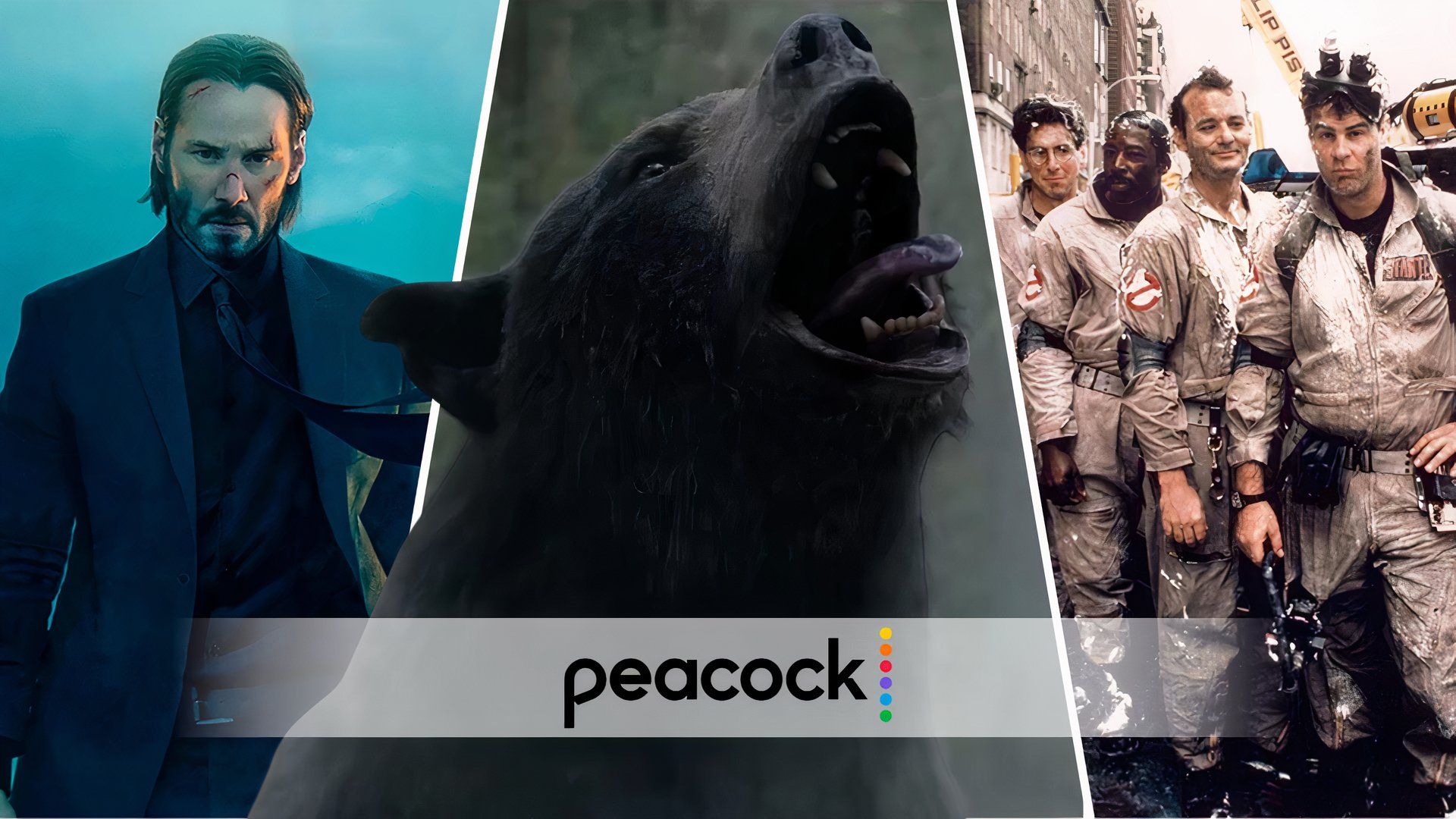An edited image of John Wick, Cocaine Bear, and Ghostbusters with the Peacock logo