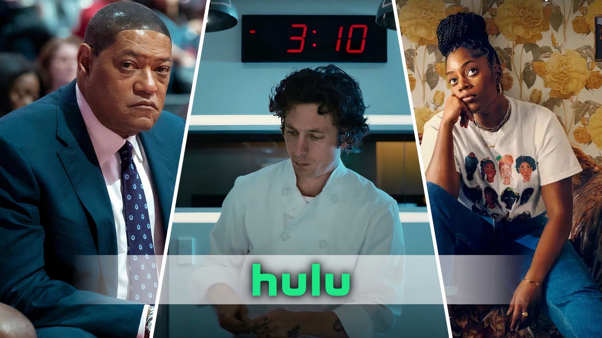 An edited image of three TV shows with the Hulu logo in the center including Clipped, The Bear, and Queenie