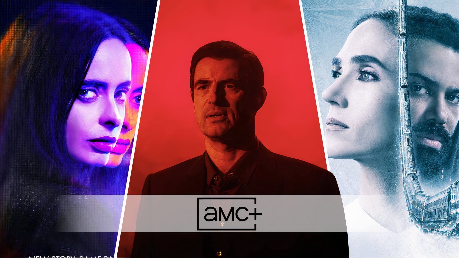 An edited image of three TV shows with the AMC+ logo including Snowpiercer, Dracula, and Orphan Black: Echoes