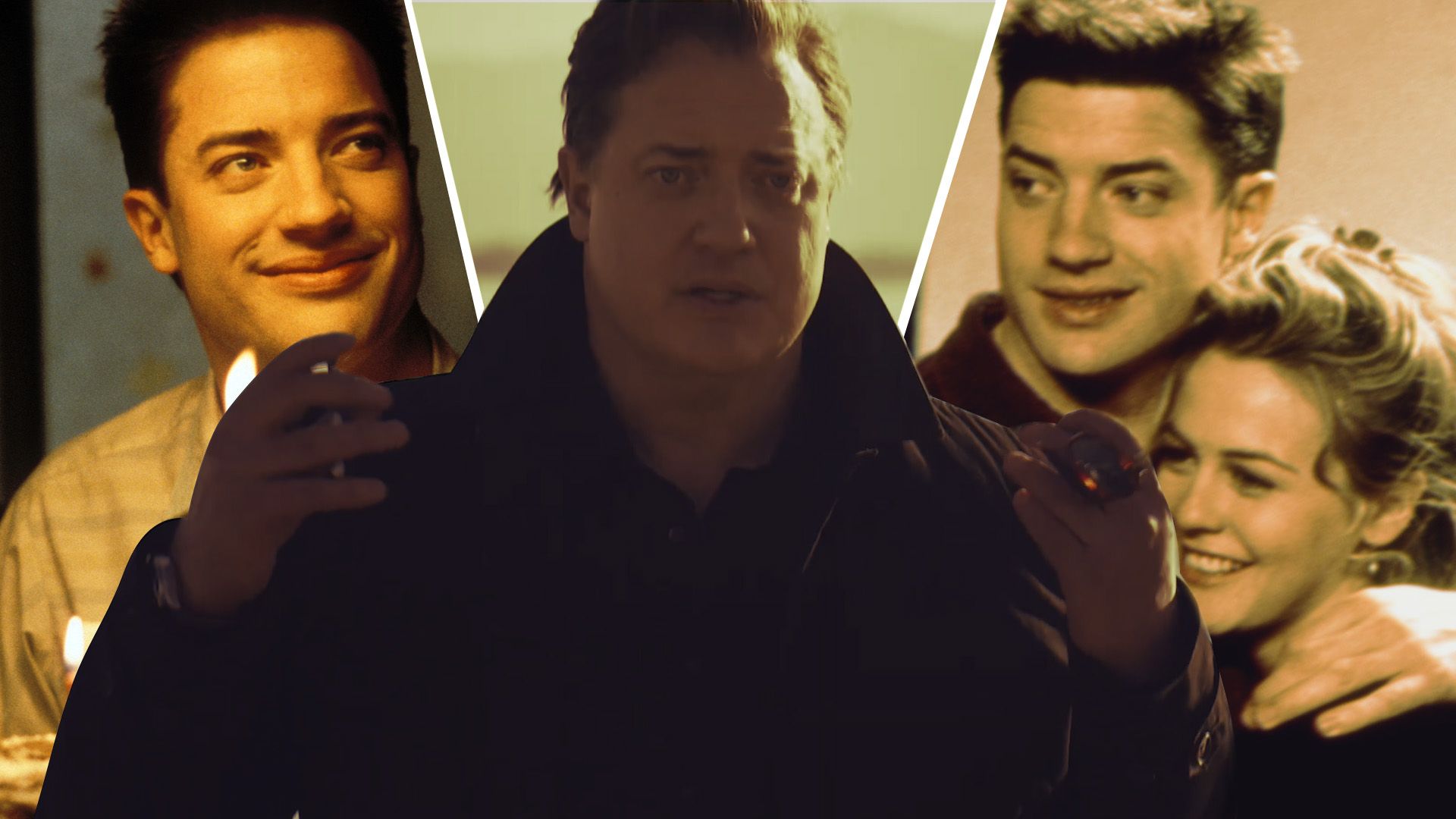 An edited image of Brendan Fraser wearing a black coat with Alicia Silverstone in Blast From the Past
