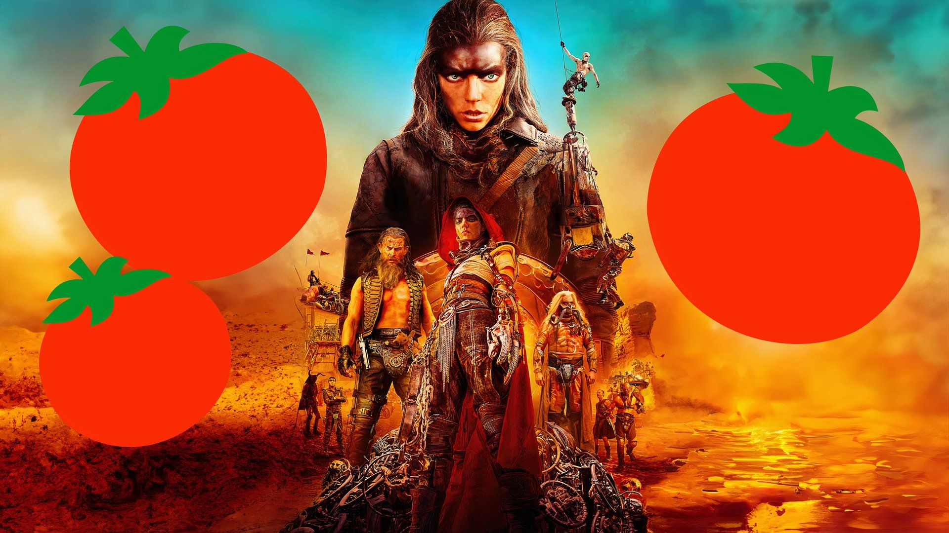 The cast of Furiosa surrounded by tomatoes.