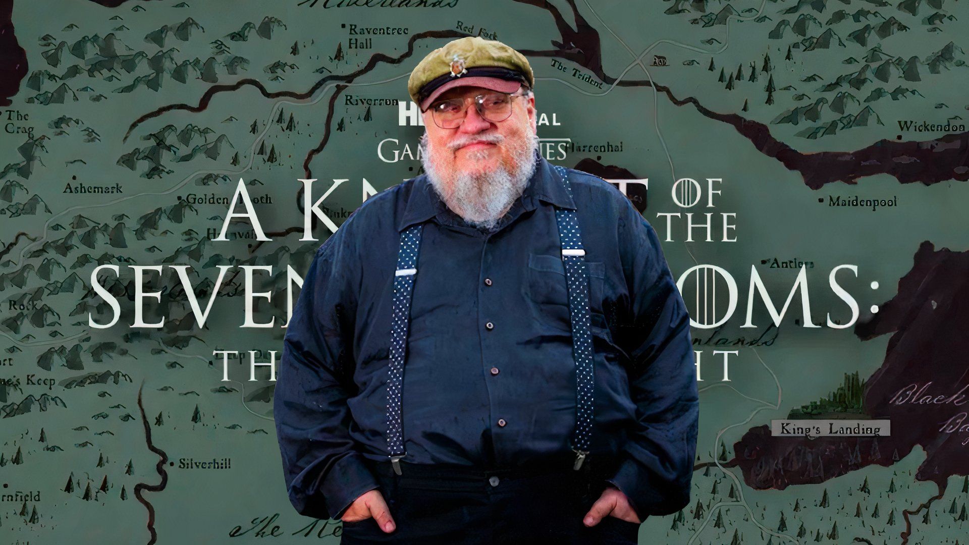 George R.R. Martin over a map of Westeros for A Knight of the Seven Kingdoms: The Hedge Knight