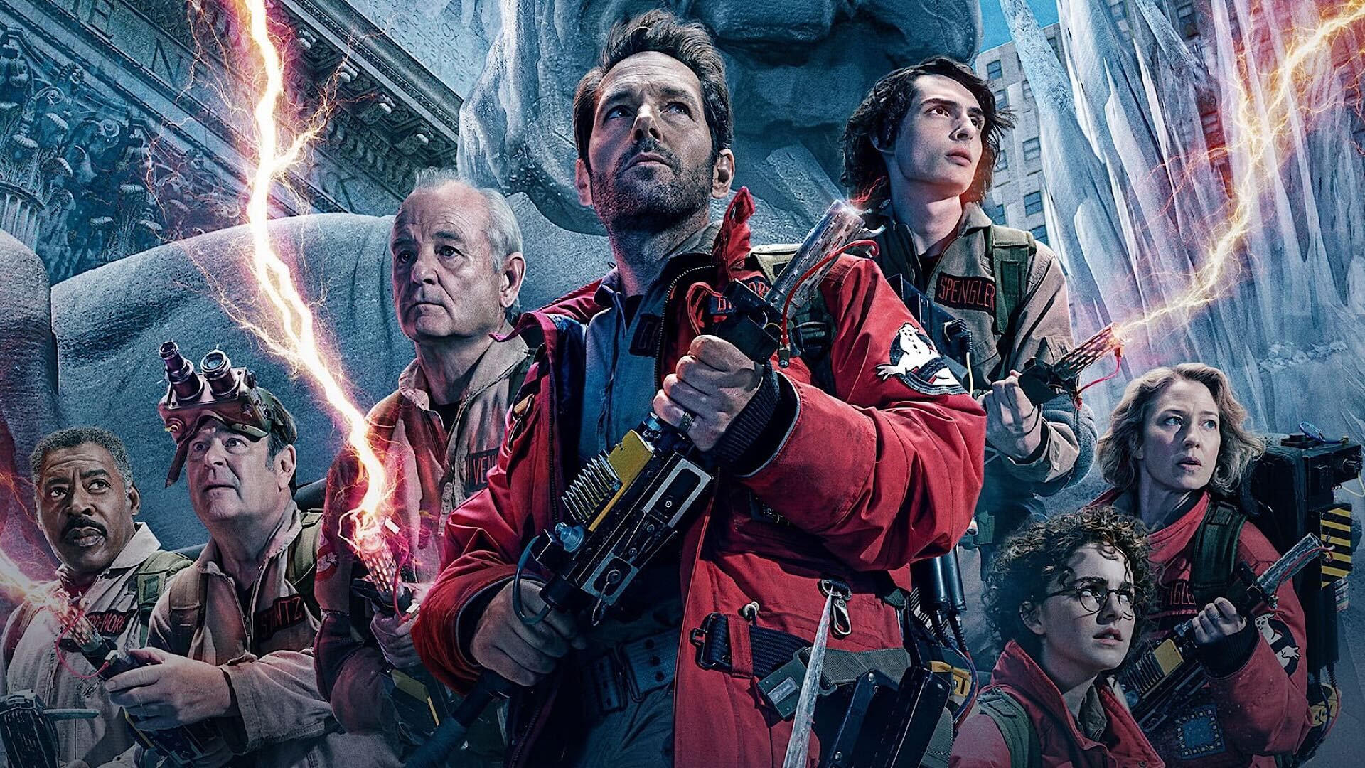 Ghostbusters Frozen Empire poster cropped close on cast-1