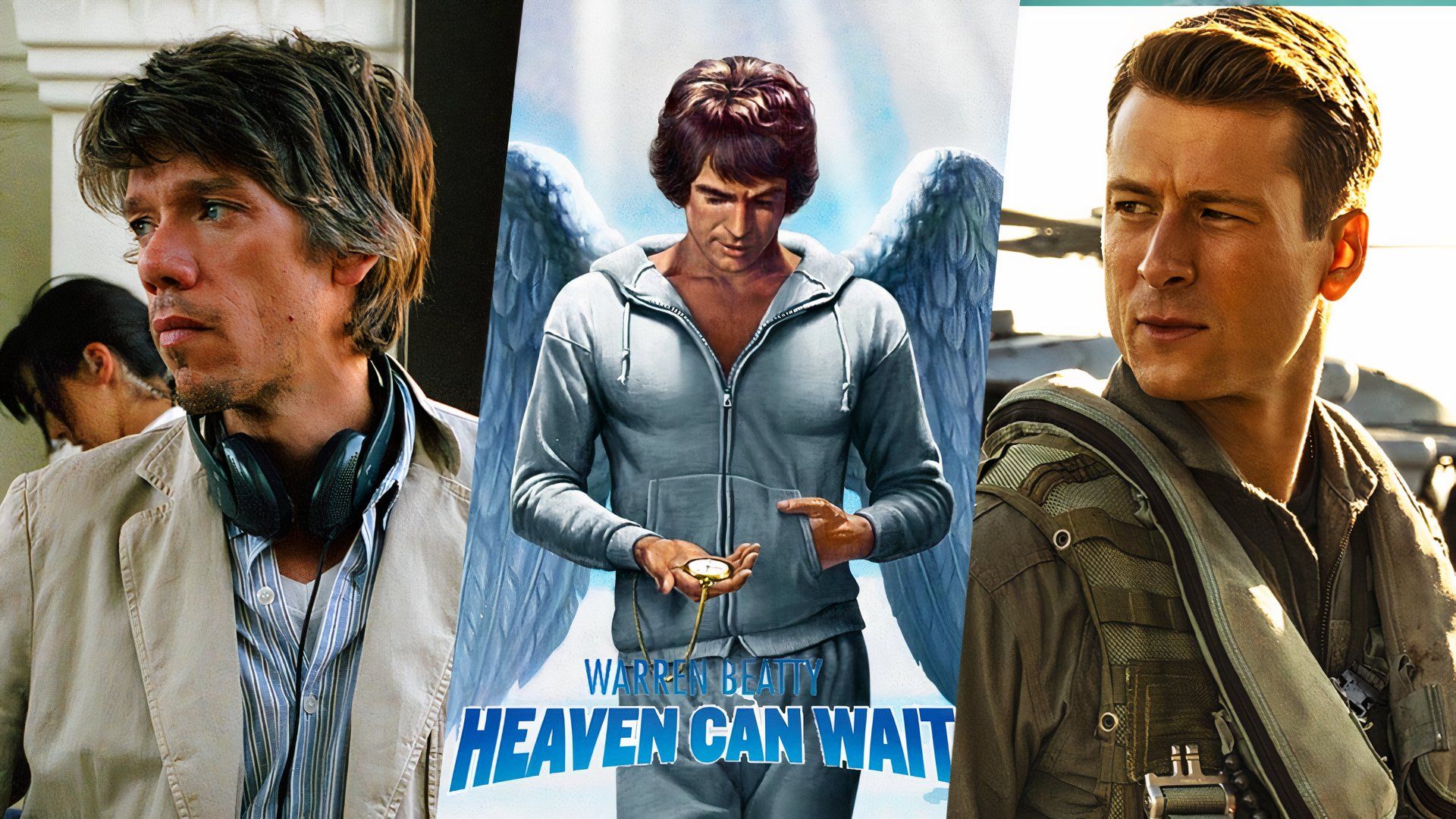 Stephen Gaghan behind the scenes next to image from Heaven Can Wait and Glen Powell in Top Gun: Maverick