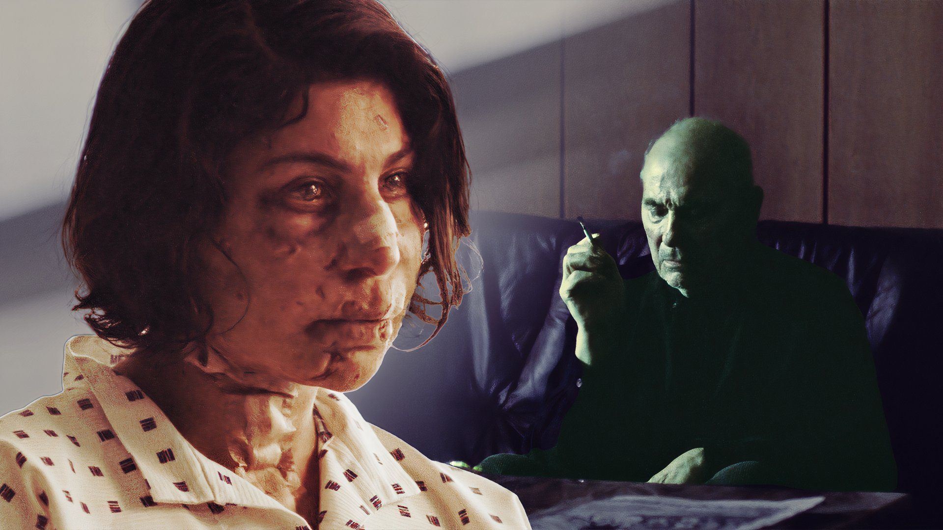 An edited image of an older man smoking and a woman with cuts on her face as a zombie in Handling the Undead