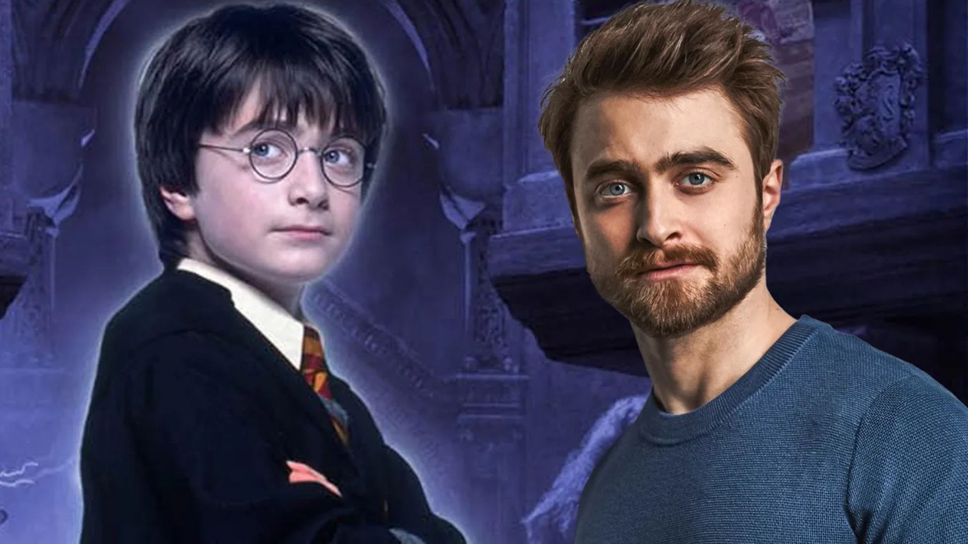 A young Harry Potter stands next to Daniel Radcliffe