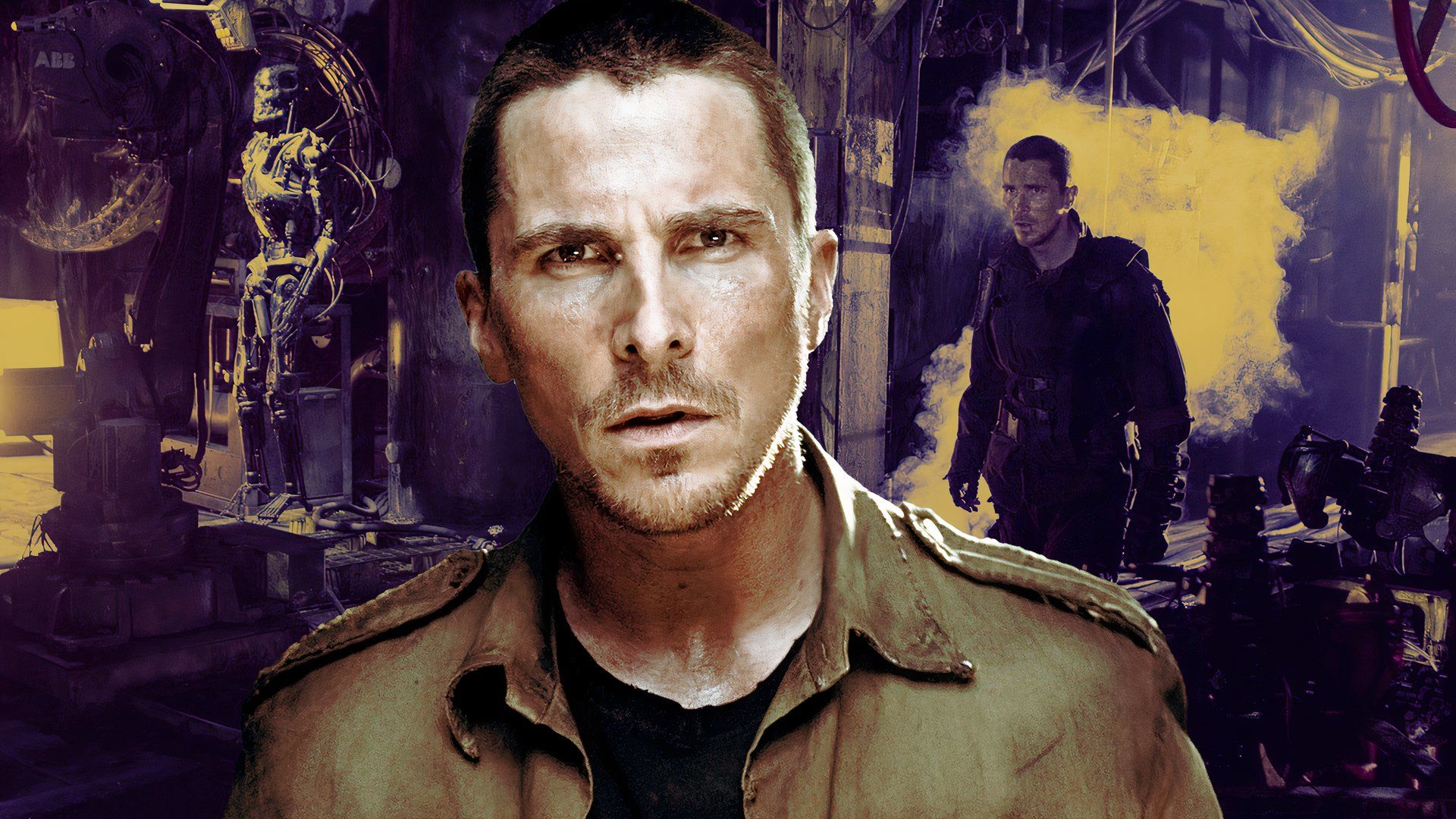 A cut of Christian Bale looking into the camera and walking through a destroyed building in Terminator: Salvation